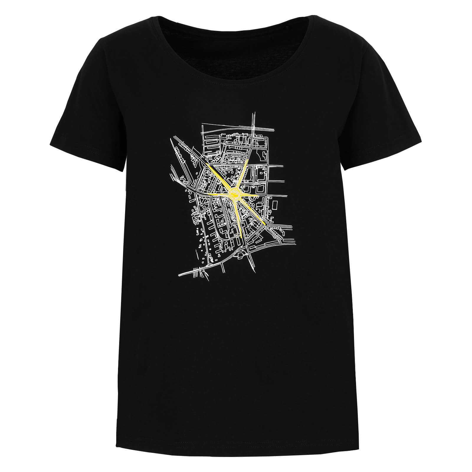Vorderansicht des schwarzgelben BVB T-Shirt Leuchte auf, Unisex, mit leuchtend gelbem Stadtplan-Design auf der Brust. BVB-Emblem nicht sichtbar.