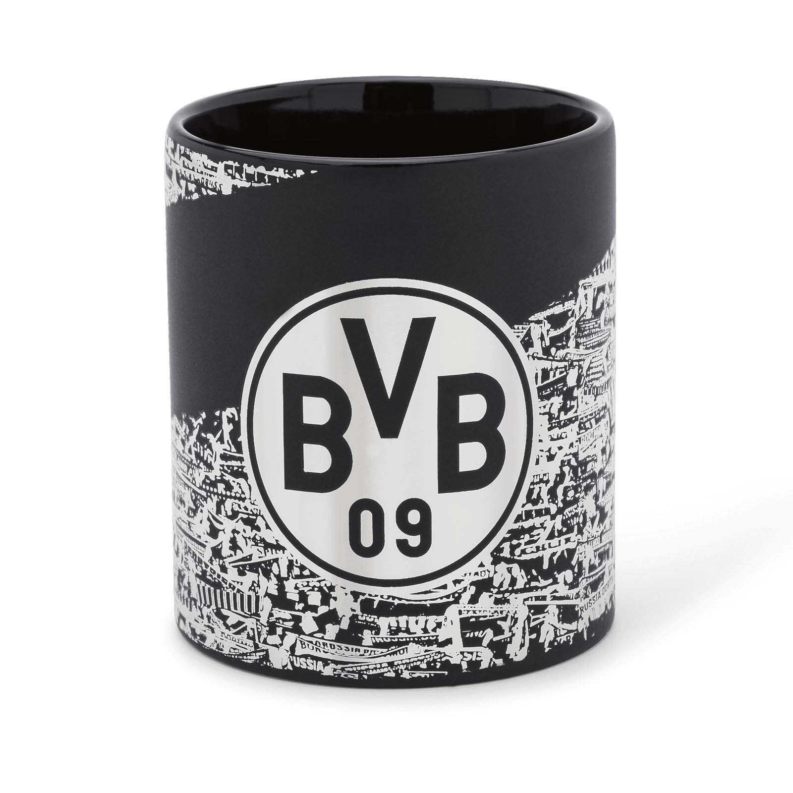Vorderansicht der BVB-Tasse Südtribüne in schwarz mit großem BVB-Emblem und detailliertem Stadionmotiv der Südtribüne.
