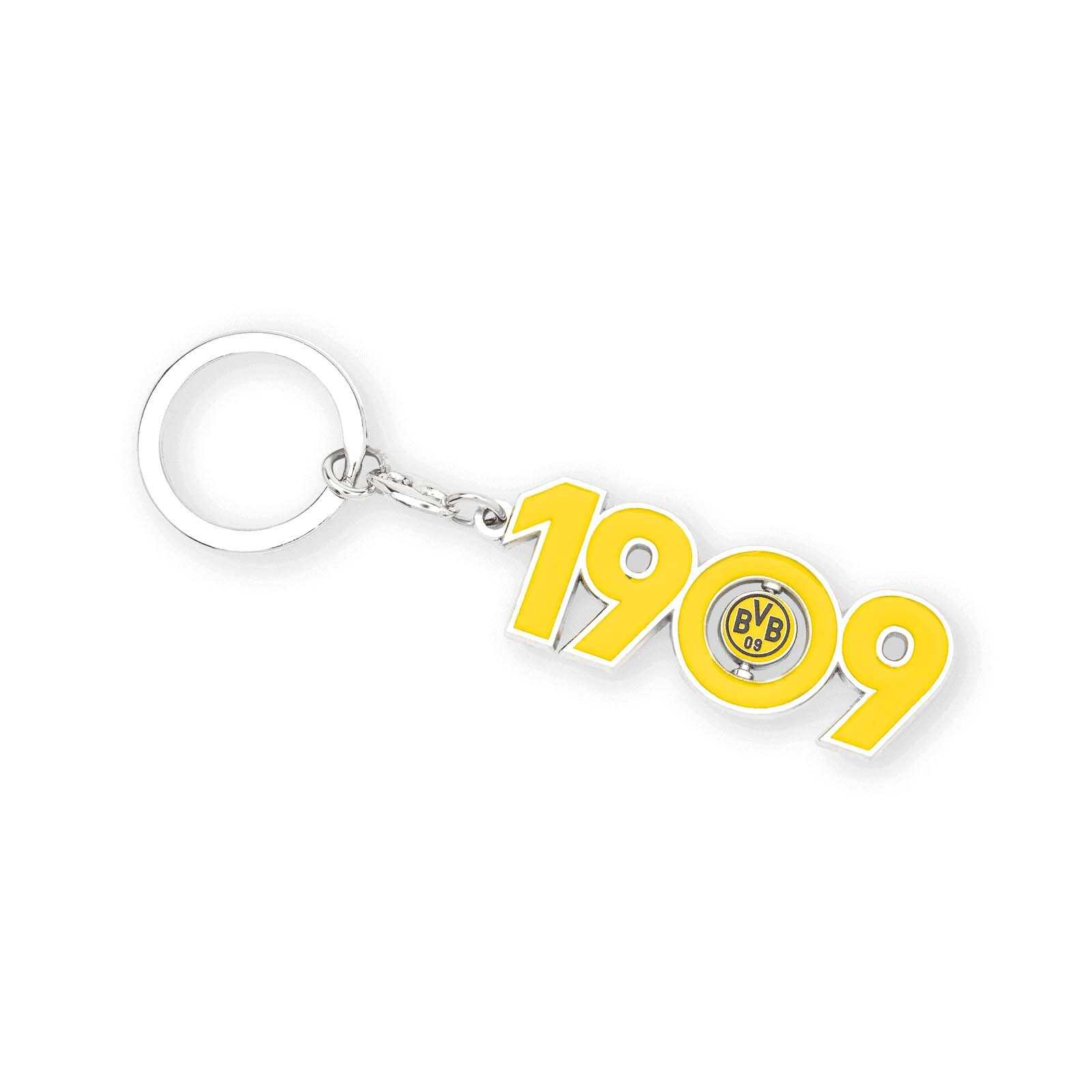 Vorderansicht des BVB Schlüsselanhängers 1909 in Gelb mit dem BVB-Emblem in der zweiten Null, ideal für Borussia Dortmund Fans.