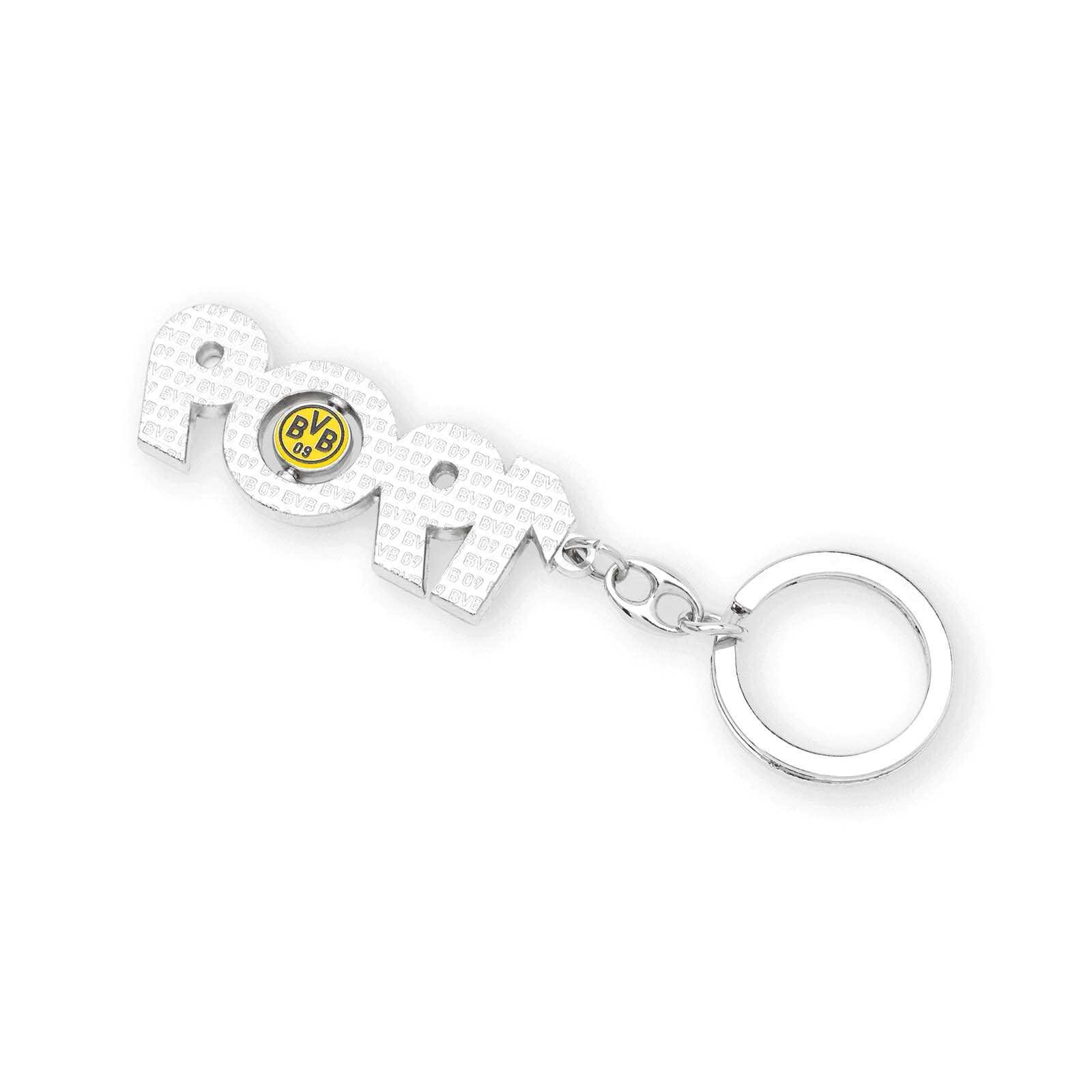 Vorderansicht des BVB Schlüsselanhängers 1909 in Silber mit geprägtem BVB-Emblem in schwarzgelb und dem Schriftzug „1909“.