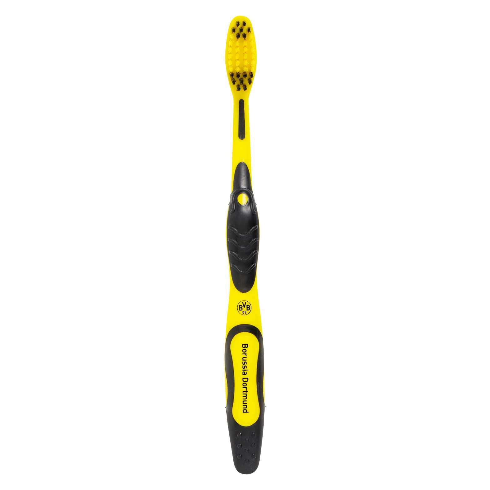 Vorderansicht der BVB Zahnbürste in schwarzgelb mit Borussia Dortmund-Schriftzug und BVB-Emblem am Griff.