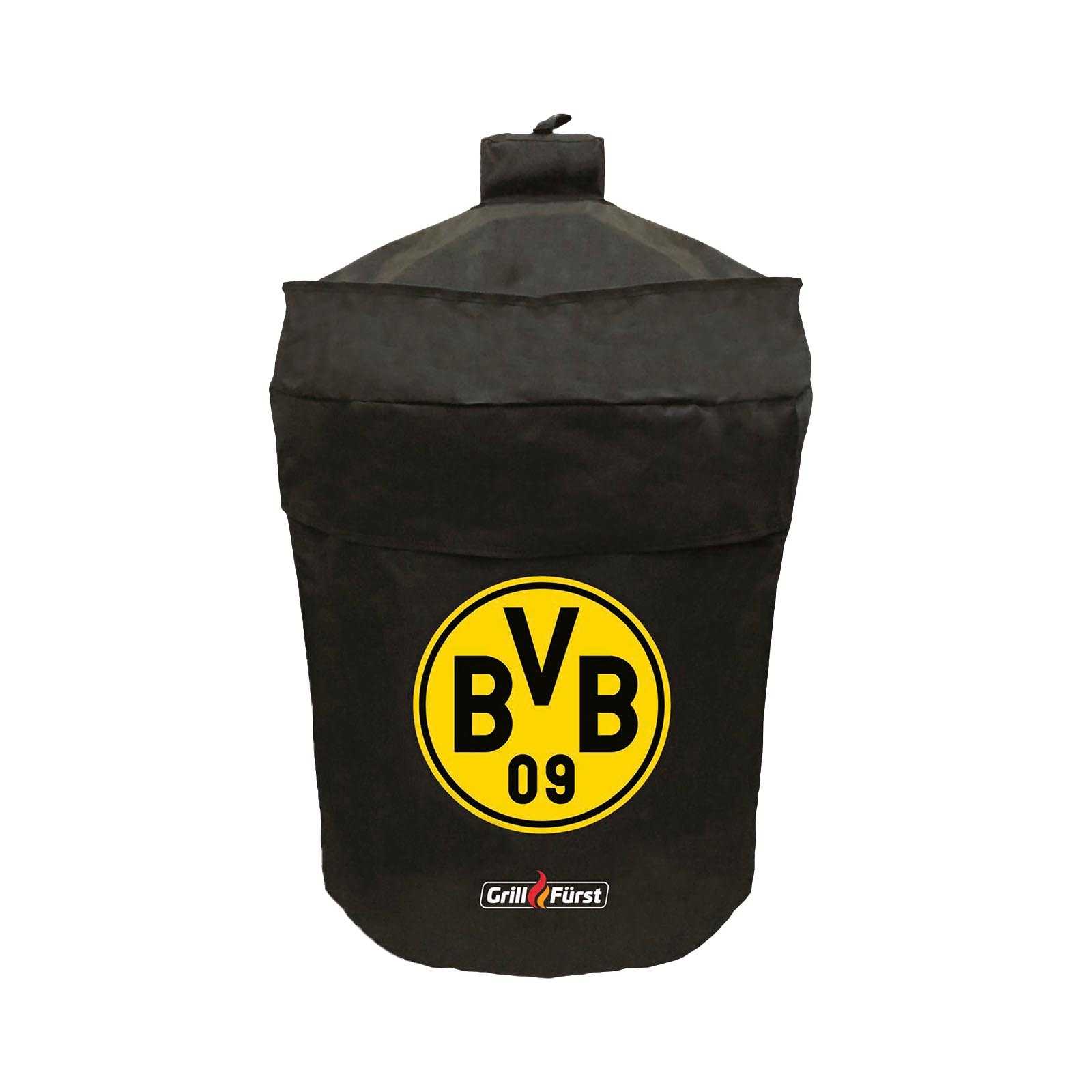 Vorderansicht der schwarzgelben BVB Grillabdeckung für Kugelgrill 57 cm von Grillfürst, mit großem BVB-Emblem und Grillfürst-Logo.