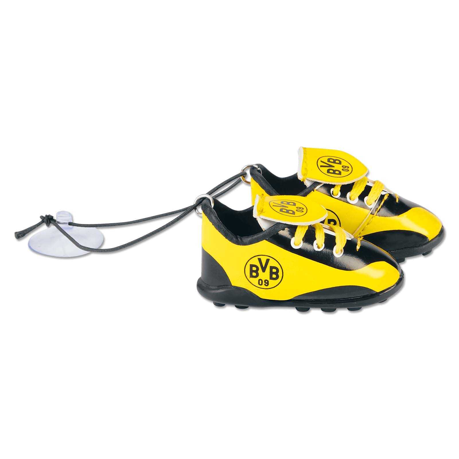 BVB Autoschuhe als Mini-Fußballschuhe in schwarzgelb mit BVB-Emblem, Vorderansicht; mit Saugnapf zur Befestigung im Auto.