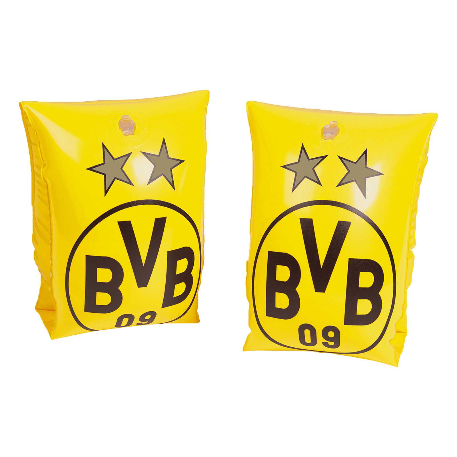 Frontansicht der gelben BVB Schwimmflügel für 1-6 Jahre mit großem BVB-Emblem in schwarzgelb und zwei Sternen auf jedem Schwimmflügel.