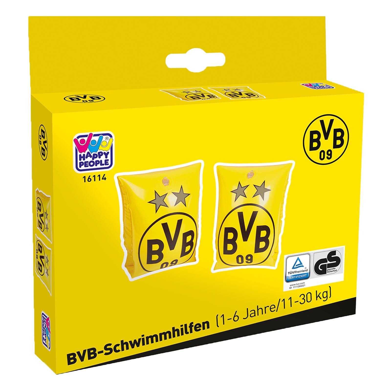 Vorderansicht der Verpackung der BVB Schwimmflügel, 1-6 Jahre, in gelb mit großem BVB-Emblem und Markenlogo Happy People.