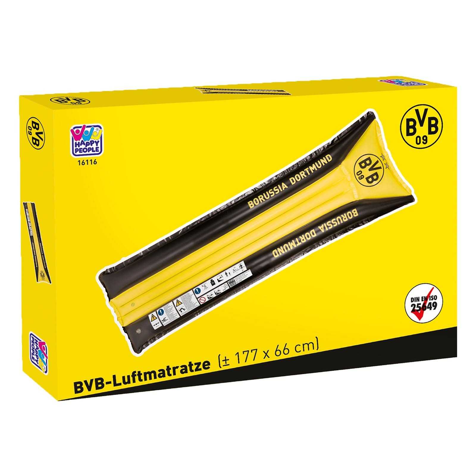 Verpackung der BVB-Luftmatratze in schwarzgelb mit BVB-Emblem und "BORUSSIA DORTMUND"-Schriftzug, Vorderansicht der Luftmatratze auf der Box.