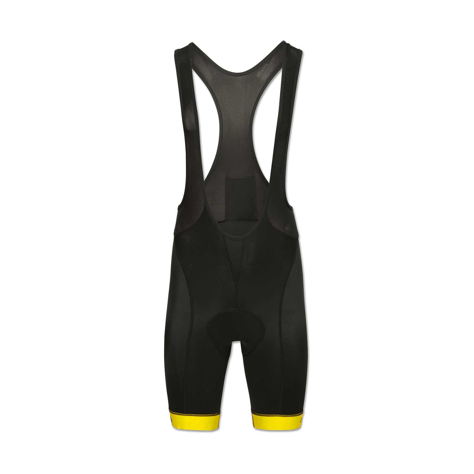 Rückansicht der schwarzgelben BVB-Radhose mit schwarzen Trägern und gelbem Beinabschluss. Das BVB-Emblem ist nicht sichtbar.