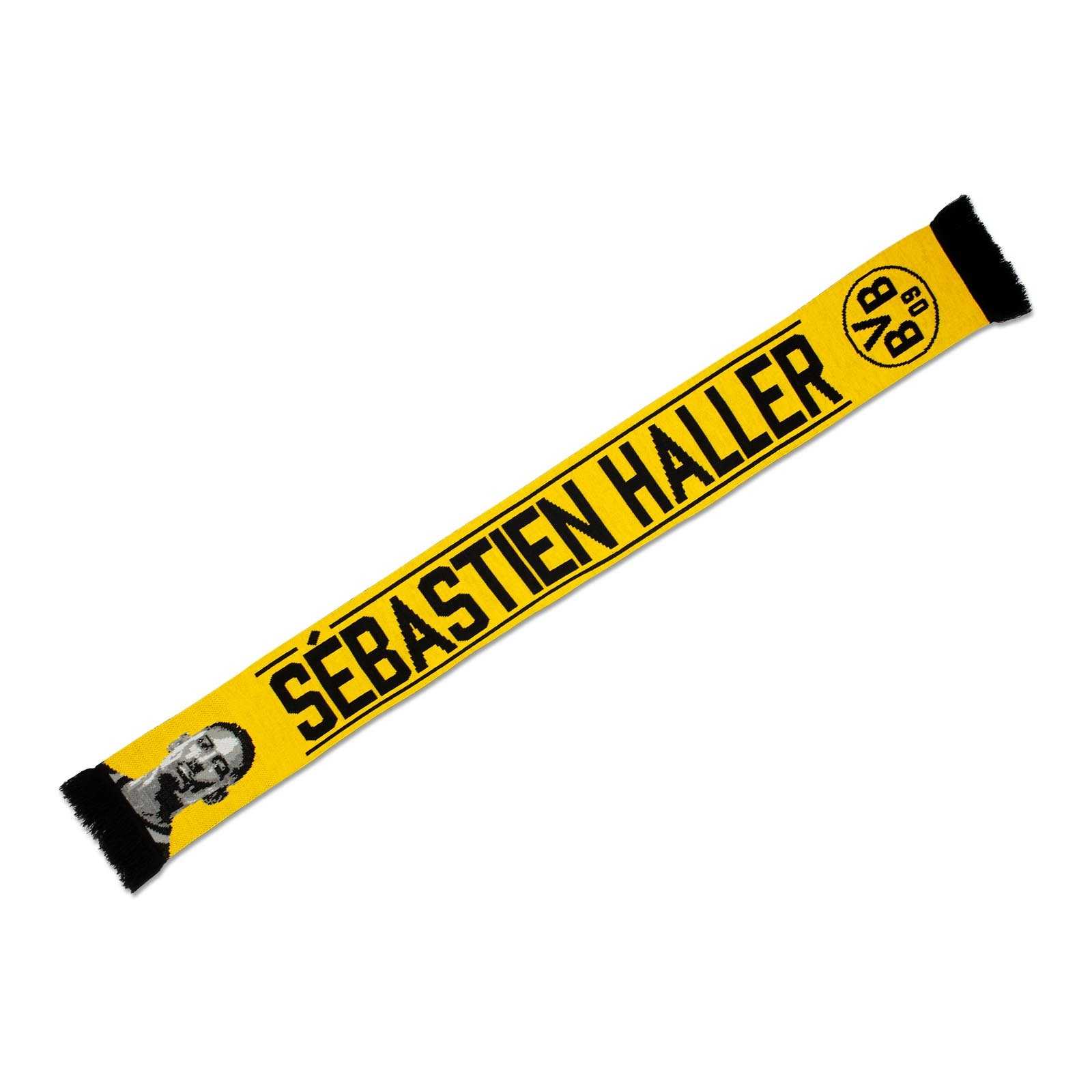 Detailansicht des schwarzgelben BVB Schal Sebastian Haller mit großem Schriftzug, BVB-Emblem und Abbild von Sébastien Haller auf gelbem Grund.