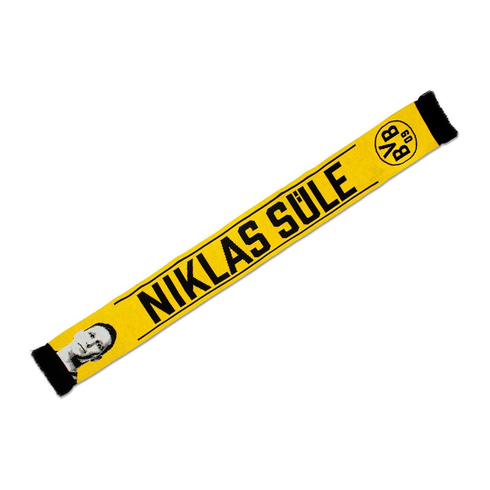 Vorderansicht des gelben BVB Schal Niklas Süle in schwarzgelb mit dem BVB-Emblem, Spielerporträt und großem Schriftzug "Niklas Süle".