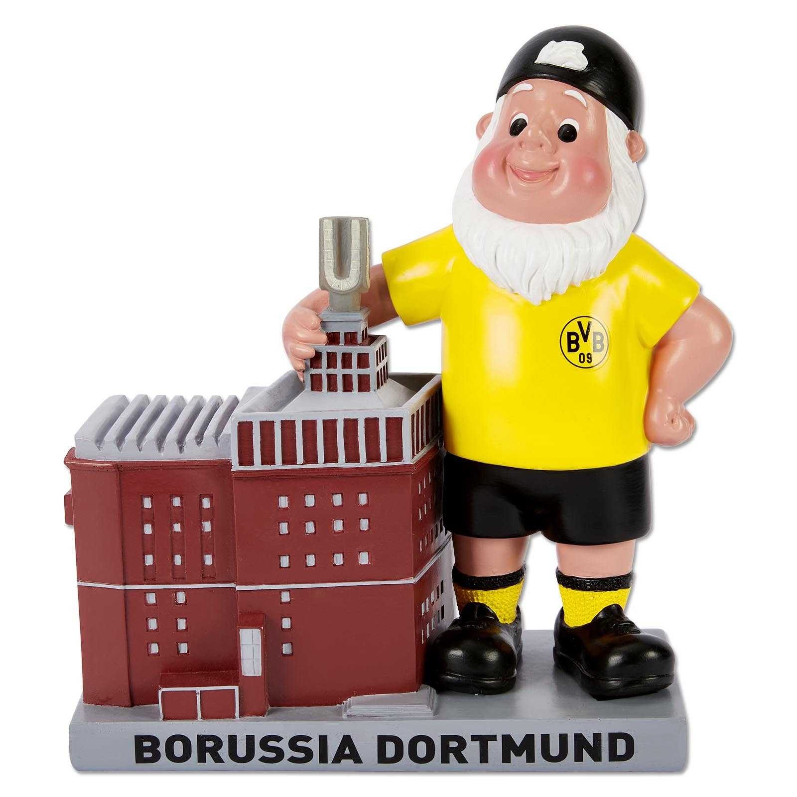 BVB Gartenzwerg U-Turm mit LED in schwarzgelber Kleidung und BVB-Emblem, stehend neben einem Modell des Dortmunder U mit beleuchtetem U. Vorderansicht.