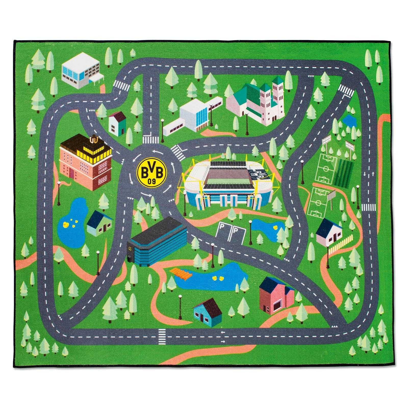 Draufsicht des BVB Spielteppichs mit Straßen, Häusern, Spielfeldern, SIGNAL IDUNA PARK und zentralem BVB-Emblem auf grünem Hintergrund.
