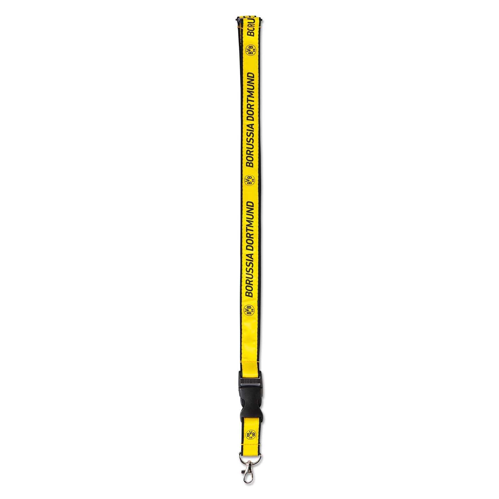 Frontalansicht des schwarzgelben BVB-Schlüsselbands mit Aufschrift "Borussia Dortmund" und mehrfach sichtbarem BVB-Emblem auf gelbem Hintergrund.
