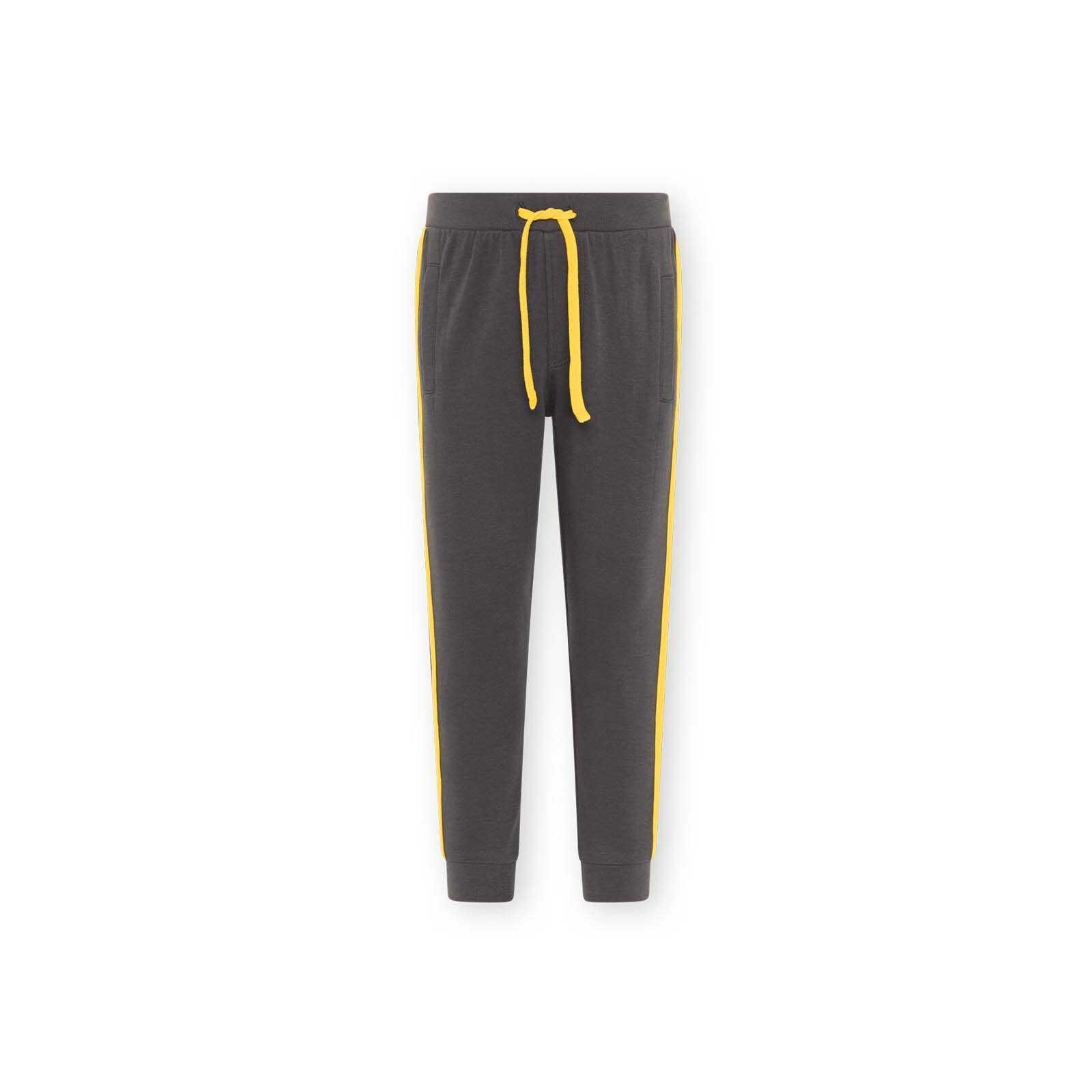 Vorderansicht der BVB Hose Kinder in schwarzgelb mit gelben Streifen an den Seiten und gelber Kordel am Bund.
