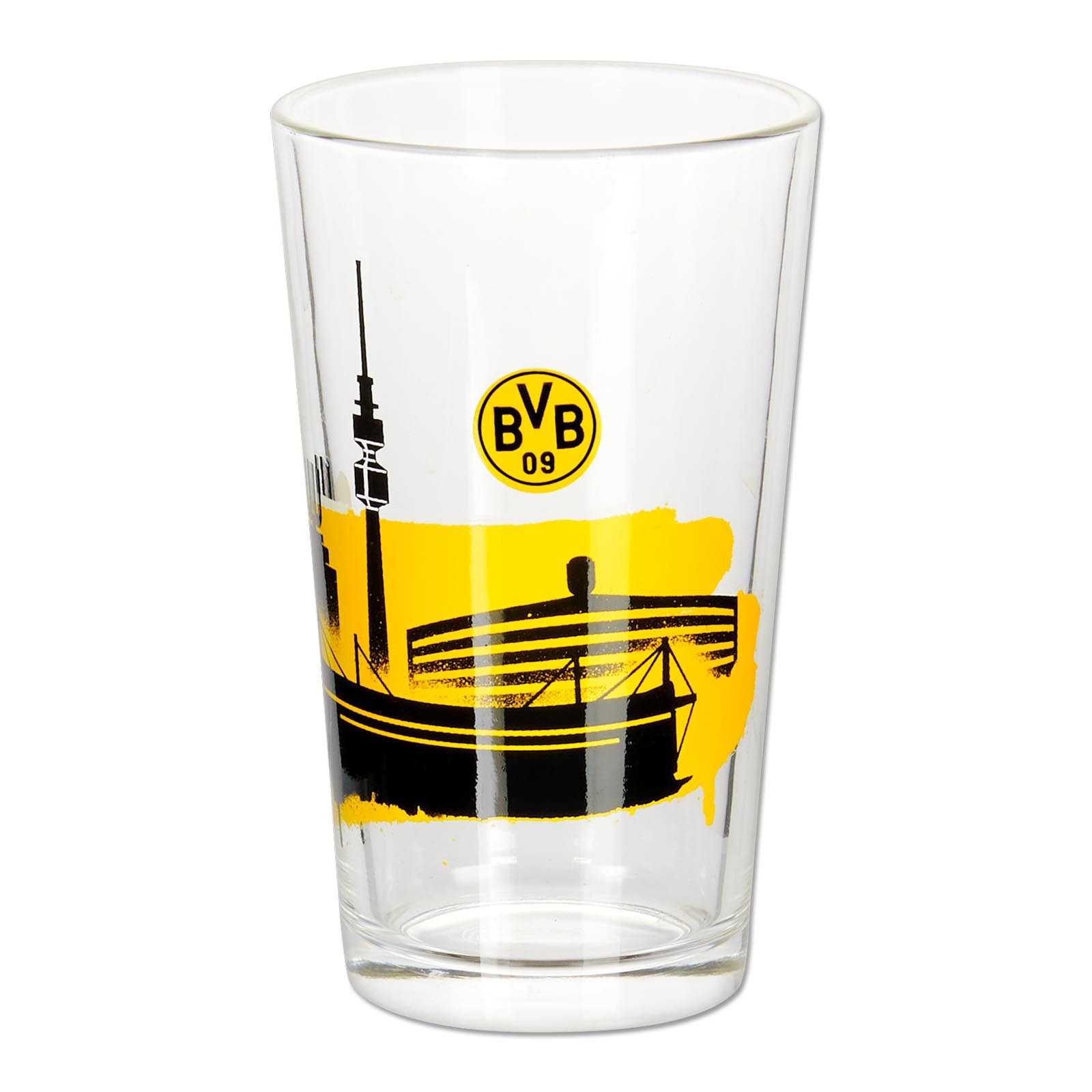 Vorderansicht des BVB Wasserglases Skyline (2 Stück) mit schwarzgelber Skyline und SIGNAL IDUNA PARK, BVB-Emblem in gelb-schwarz sichtbar.