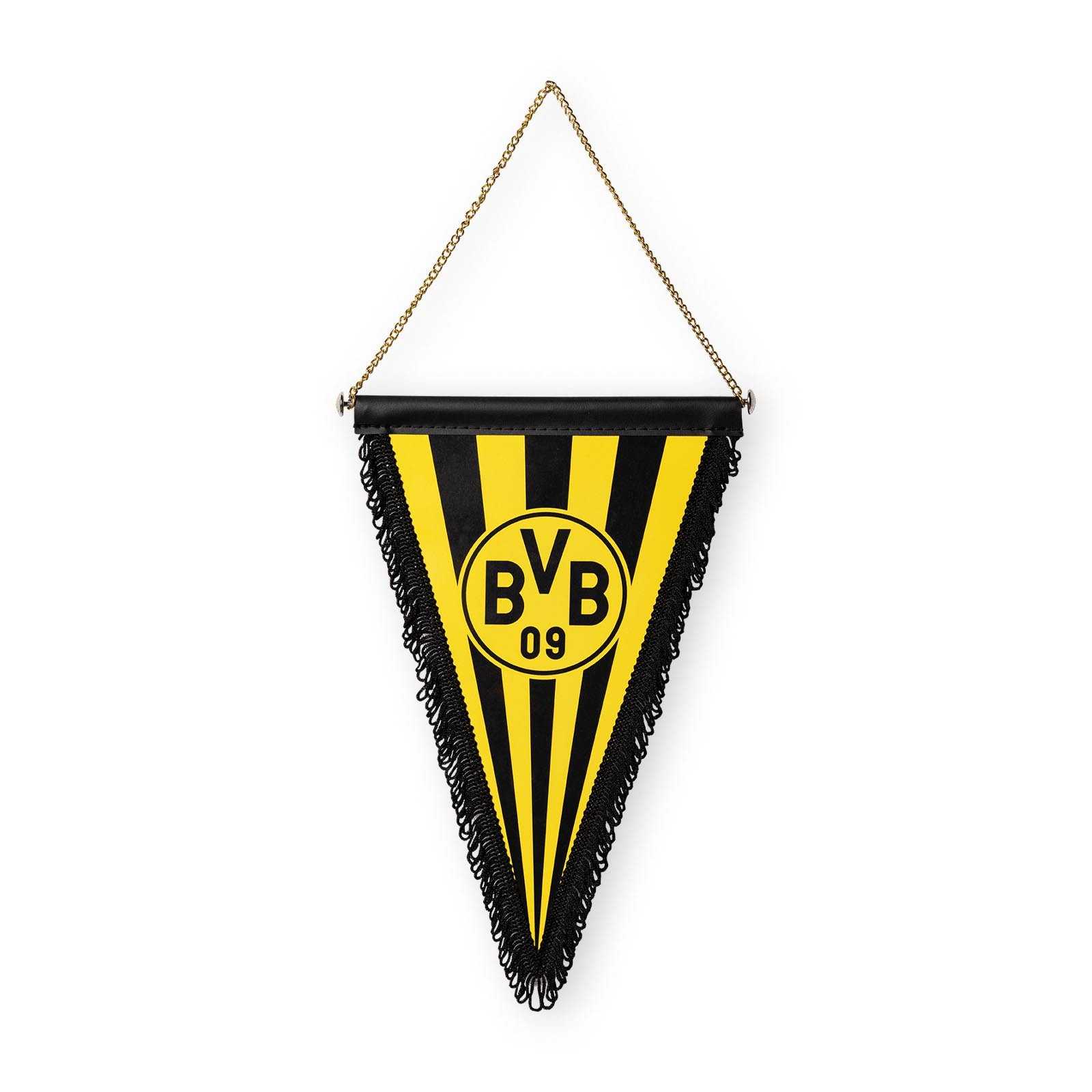 Vorderansicht des BVB Schmuckwimpel Logo in schwarzgelb mit BVB-Emblem, schwarzen Fransen und goldfarbener Kette zum Aufhängen.
