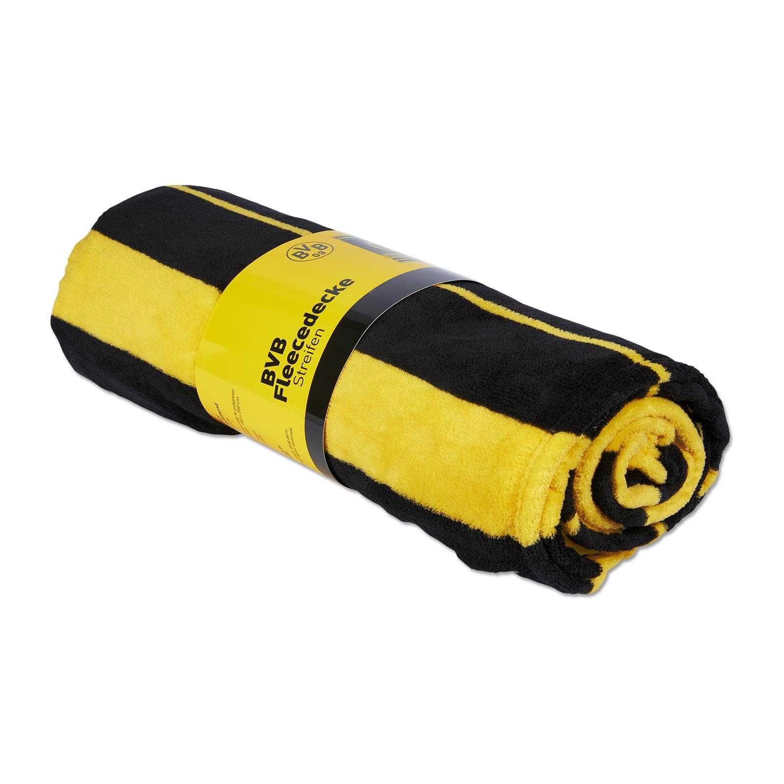 Gerollte BVB Fleecedecke Streifen in schwarzgelbem Streifendesign mit BVB-Emblem auf der gelben Banderole, Ansicht von schräg oben.