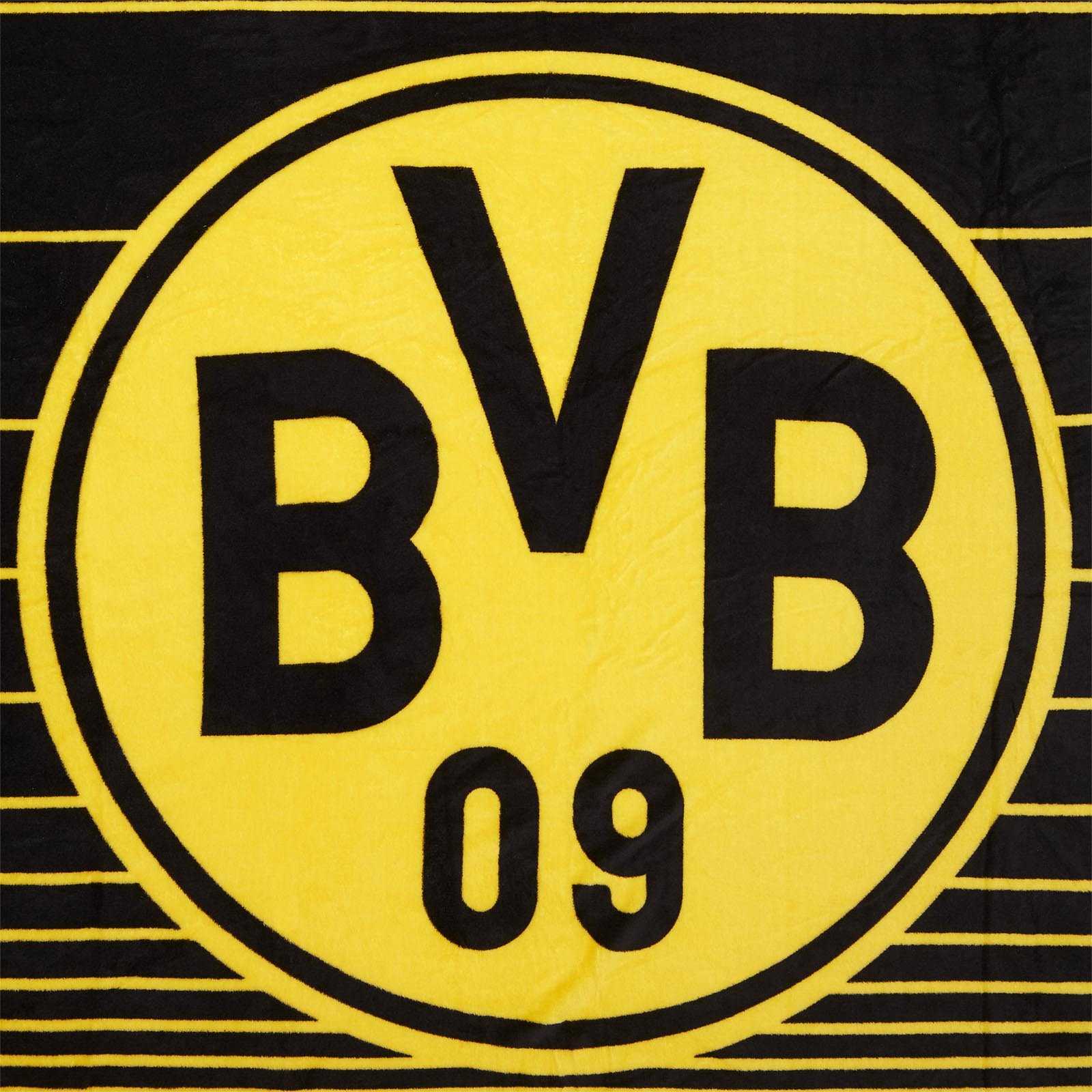 Frontansicht der schwarzgelben BVB Fleecedecke Streifen mit großem BVB-Emblem und horizontalen schwarzen Streifen als Designelement.