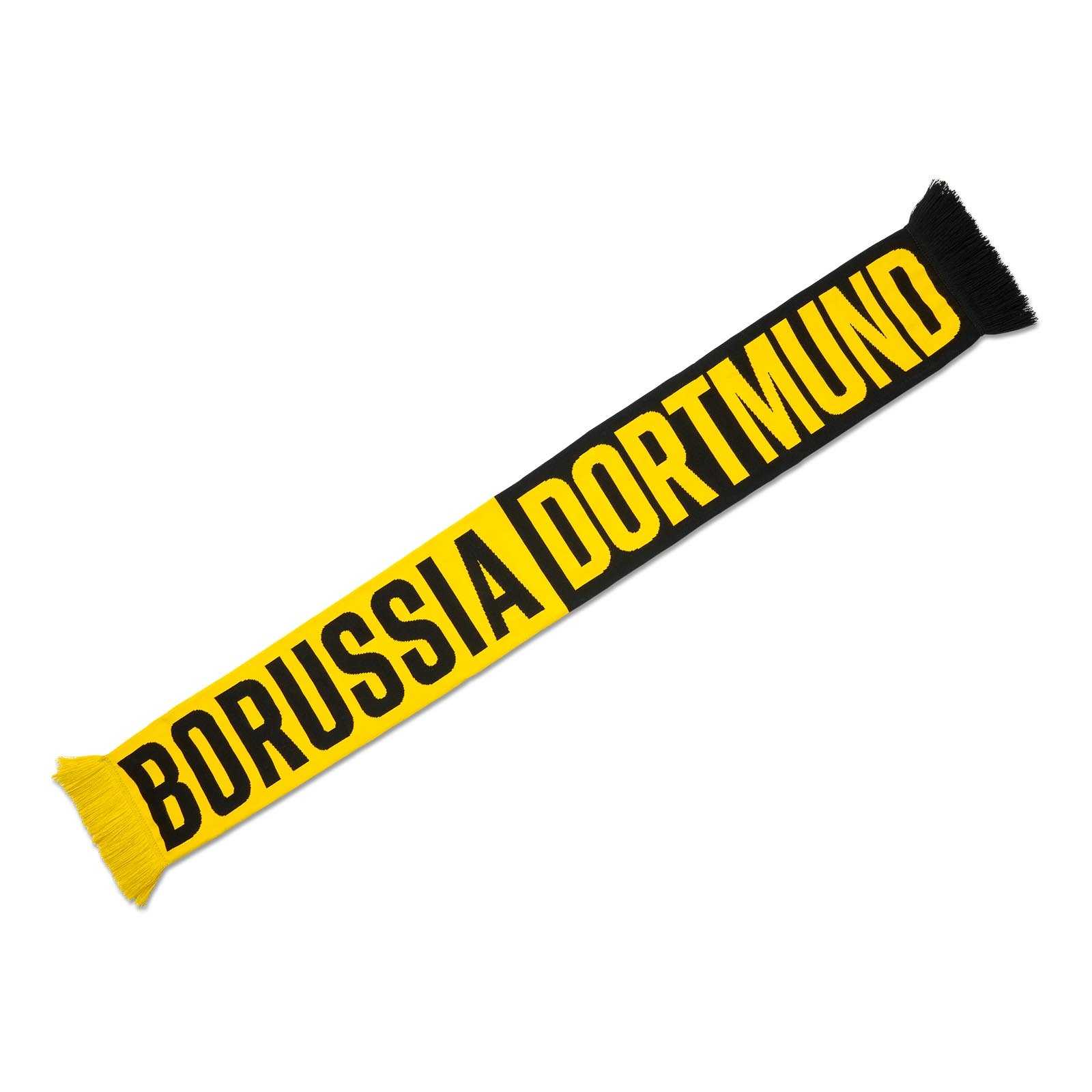 Vorderansicht des BVB Schal extra soft Borussia Dortmund in schwarzgelb mit großem Schriftzug "BORUSSIA DORTMUND" und Fransen an den Enden.