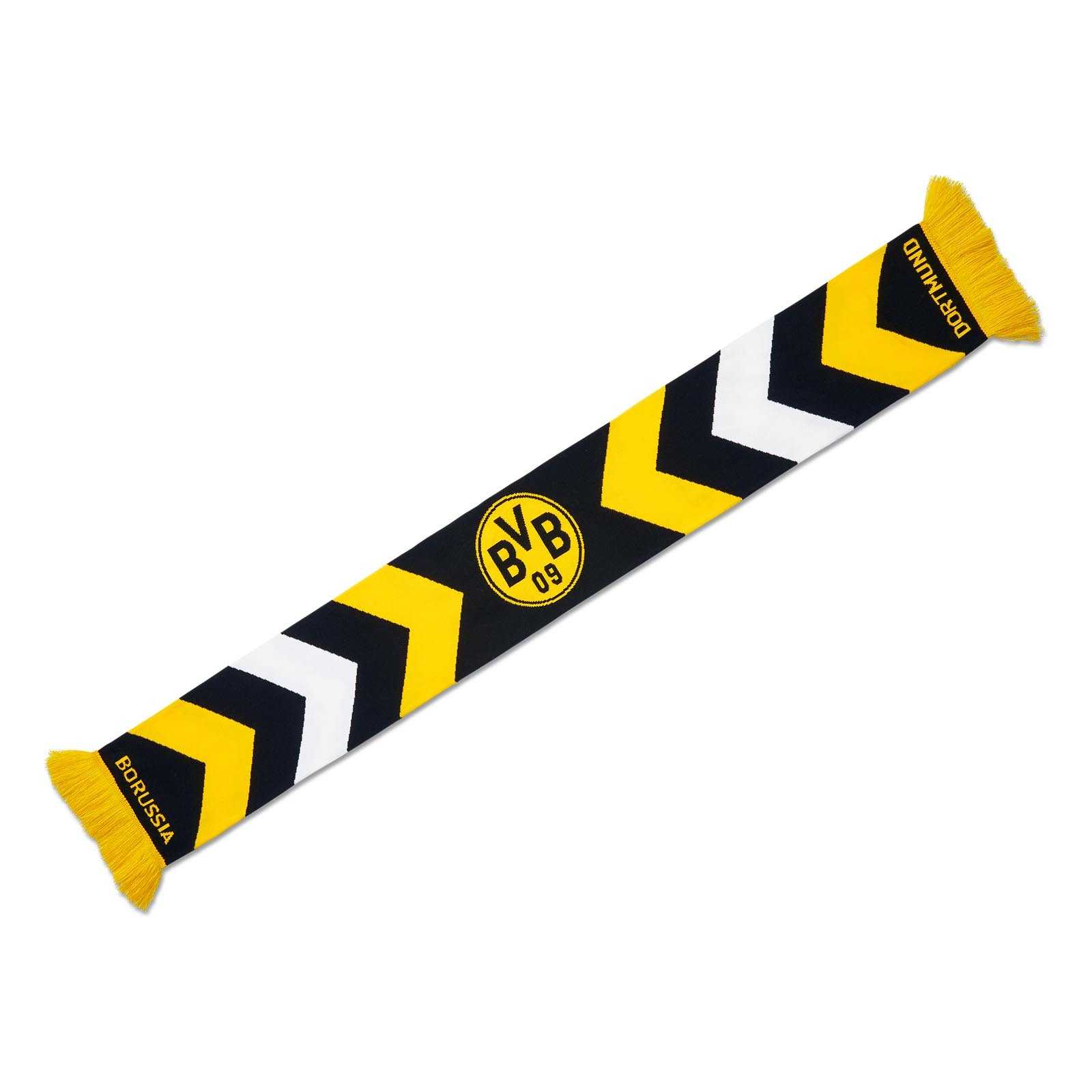 BVB-Schal Chevron in schwarzgelbem Zickzack-Design mit weißem Akzent, BVB-Emblem mittig und gelben Fransen; Frontansicht.