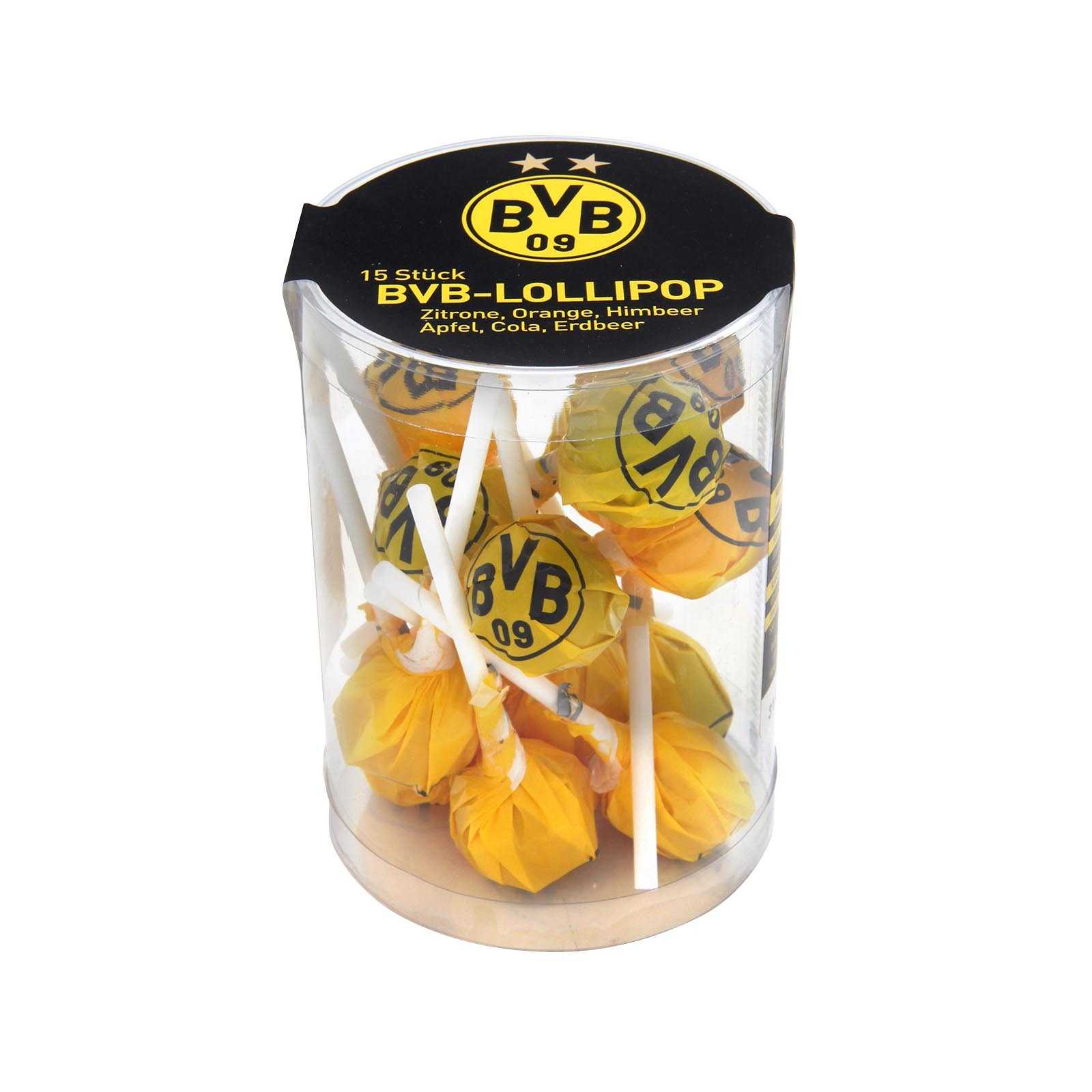 Vorderansicht der BVB Lollipops 15 Stück in einer runden Dose, gelbe Lutscher mit BVB-Emblem auf der Verpackung, schwarzgelbes Design.