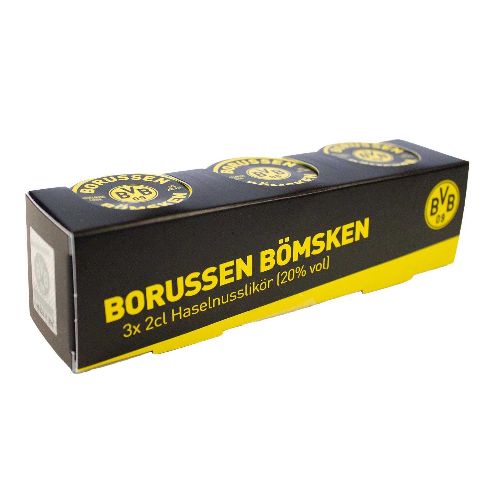 Vorderansicht des Borussen Haselnuss Likör (3er Pack) in einer schwarzgelben Verpackung mit sichtbarem BVB-Emblem und gelber Aufschrift.
