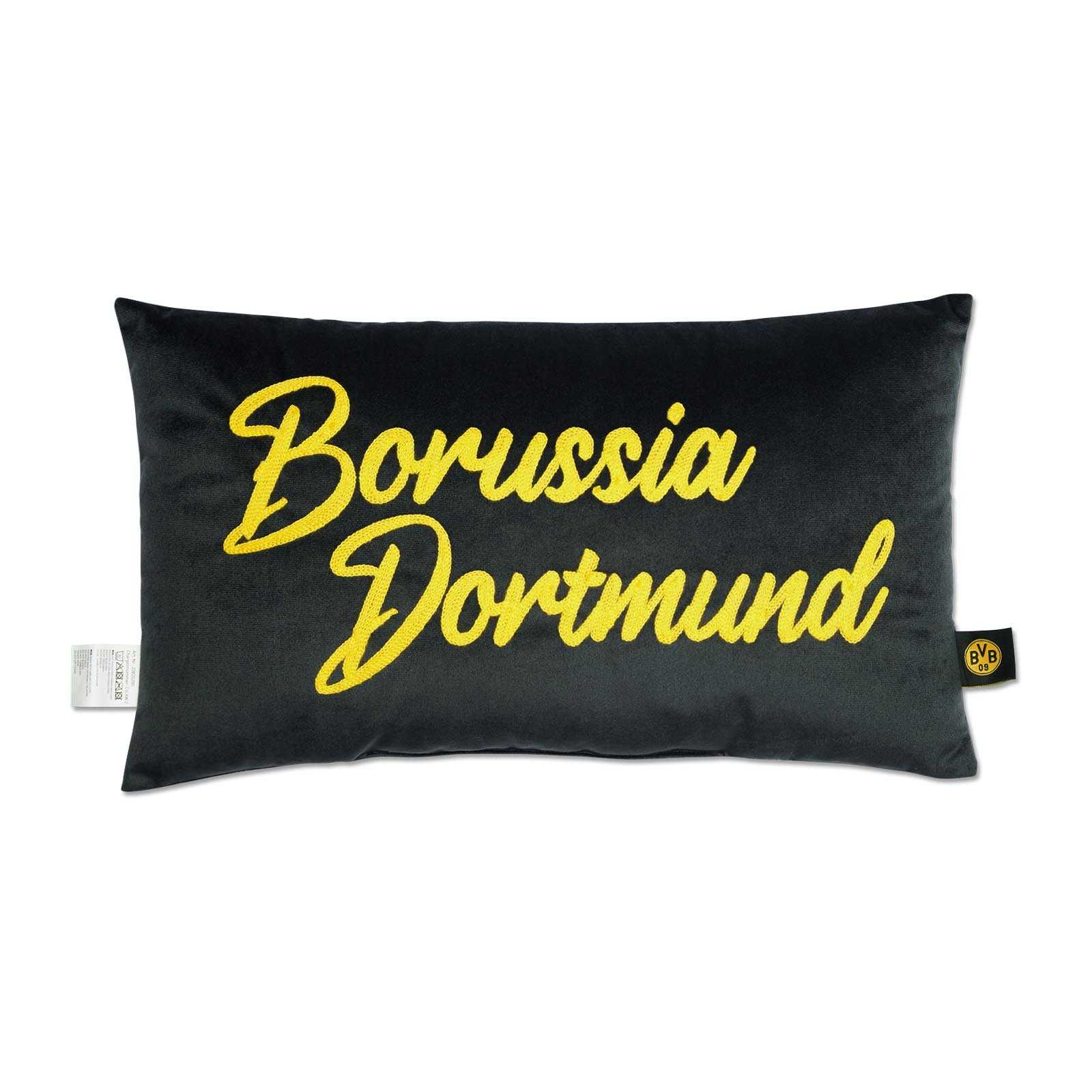 Vorderansicht des BVB Kordelkissens Borussia Dortmund in schwarzgelb mit gesticktem Schriftzug und BVB-Emblem an der Seitenlasche.