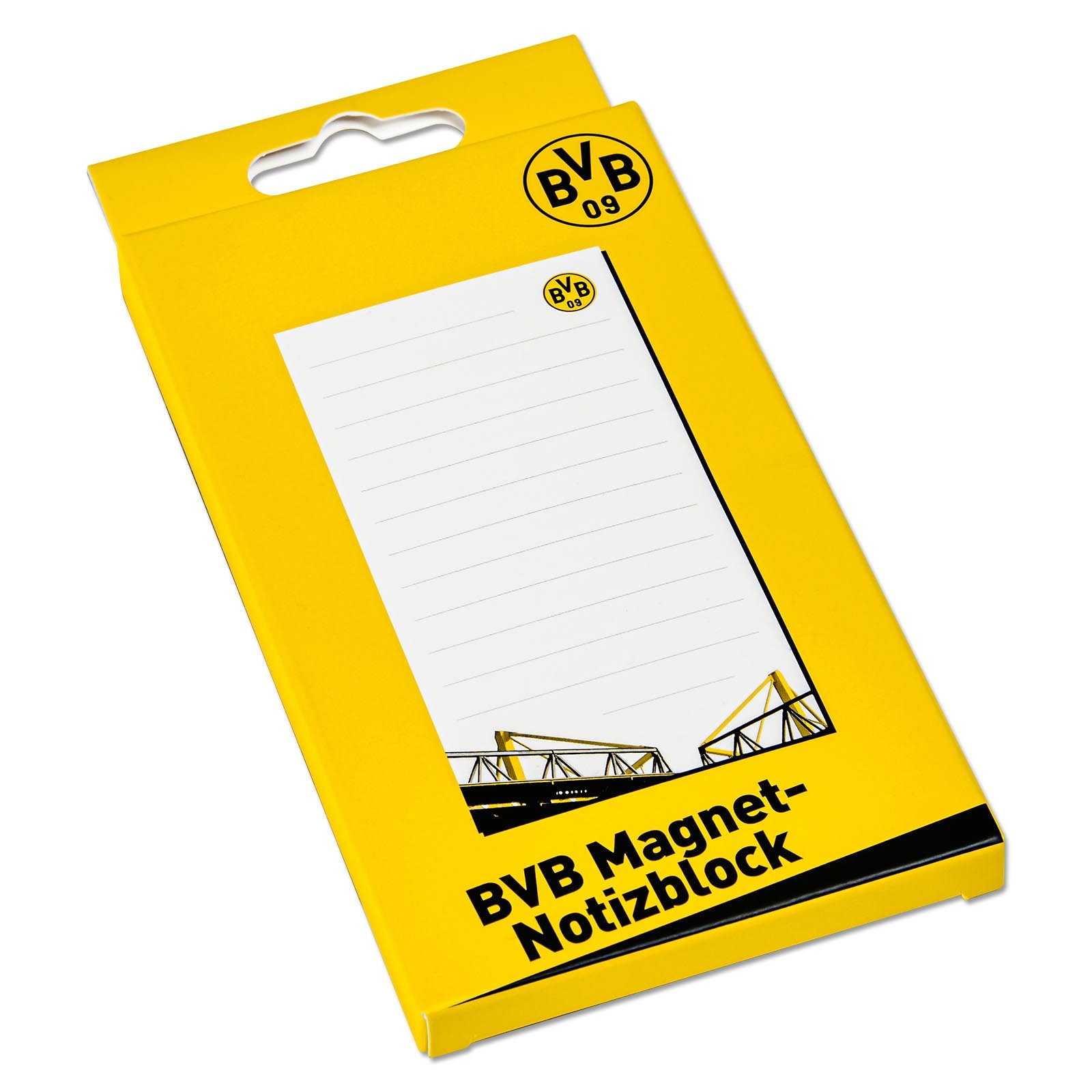 Vorderansicht des BVB Magnet-Notizblocks in gelber Verpackung mit BVB-Emblem und Zeichnung des SIGNAL IDUNA PARK sowie schwarzem Schriftzug.