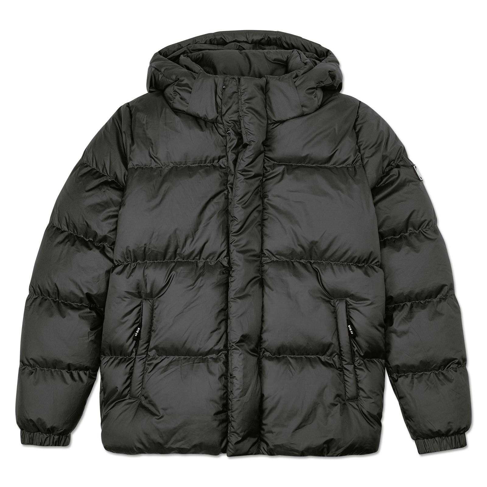 Vorderansicht der schwarzen BVB Padded Jacket Damen mit Kapuze und gesteppter Optik, das BVB-Emblem ist am linken Ärmel sichtbar.
