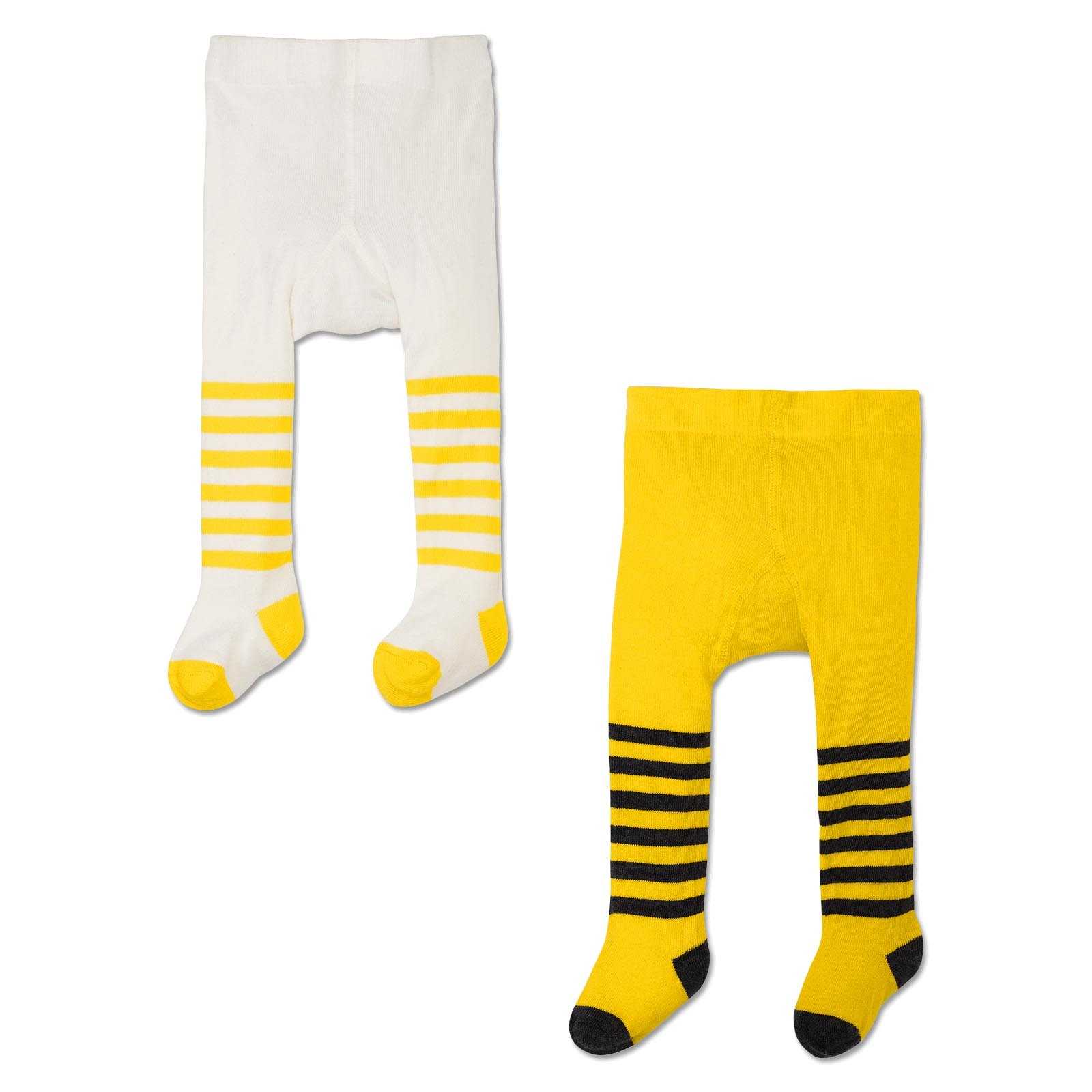 Vorderansicht des BVB Baby Strumpfhose (2er Pack) mit einem weiß-gelben und einem schwarzgelben gestreiften Design. Ohne sichtbares BVB-Emblem.