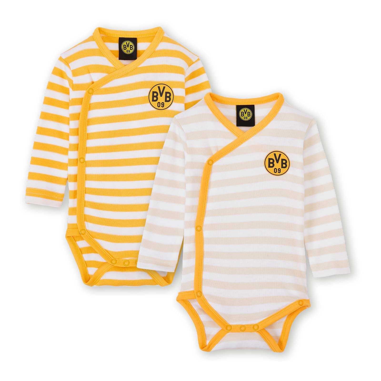 Vorderansicht des BVB Babybody mit Logo 2er Sets, mit langen Ärmeln, gelb-weißen Streifen und BVB-Emblem auf der Brust.