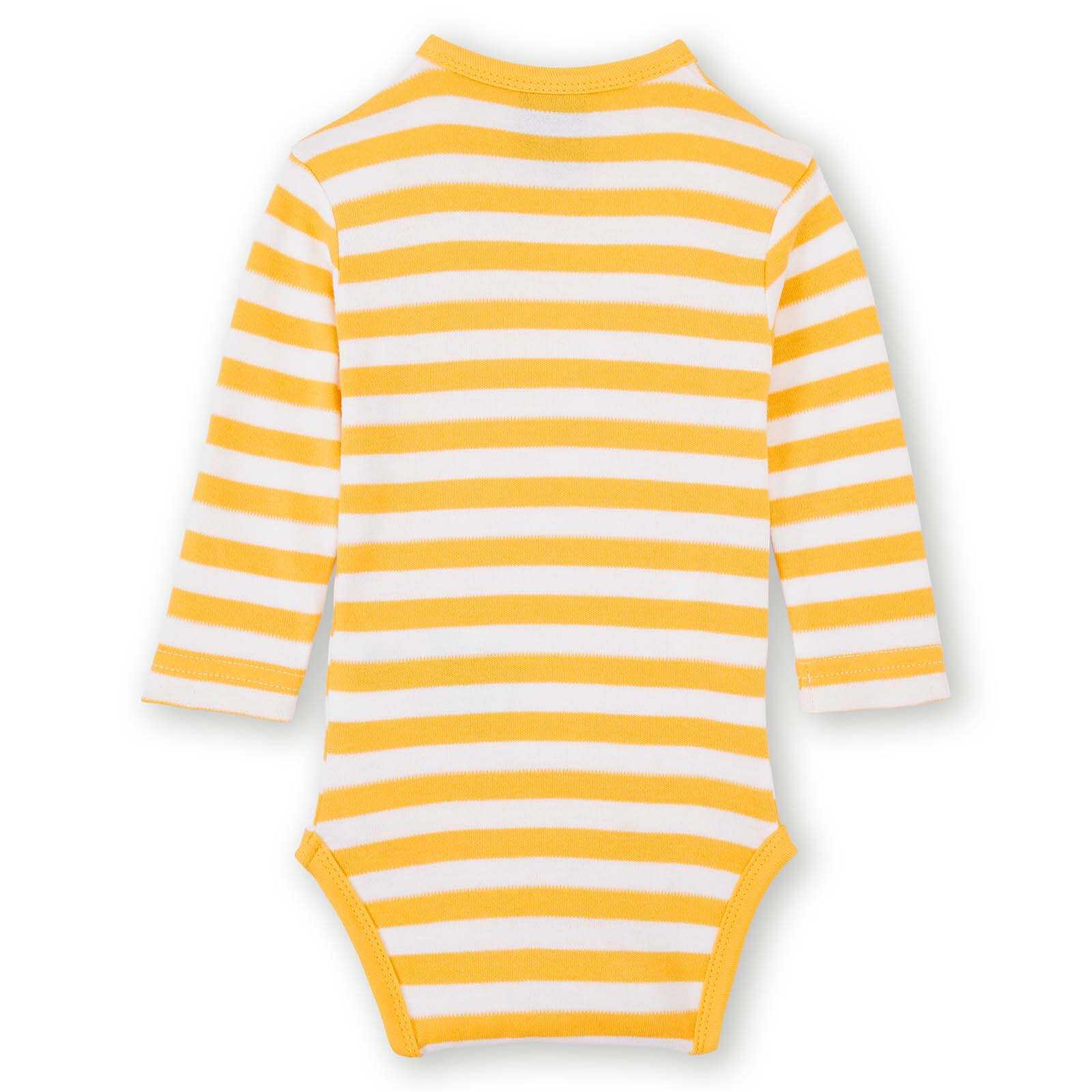 Rückansicht des BVB Babybody mit Logo 2er Set, langärmelig mit gelb-weißen Streifen; das BVB-Emblem ist in dieser Ansicht nicht sichtbar.