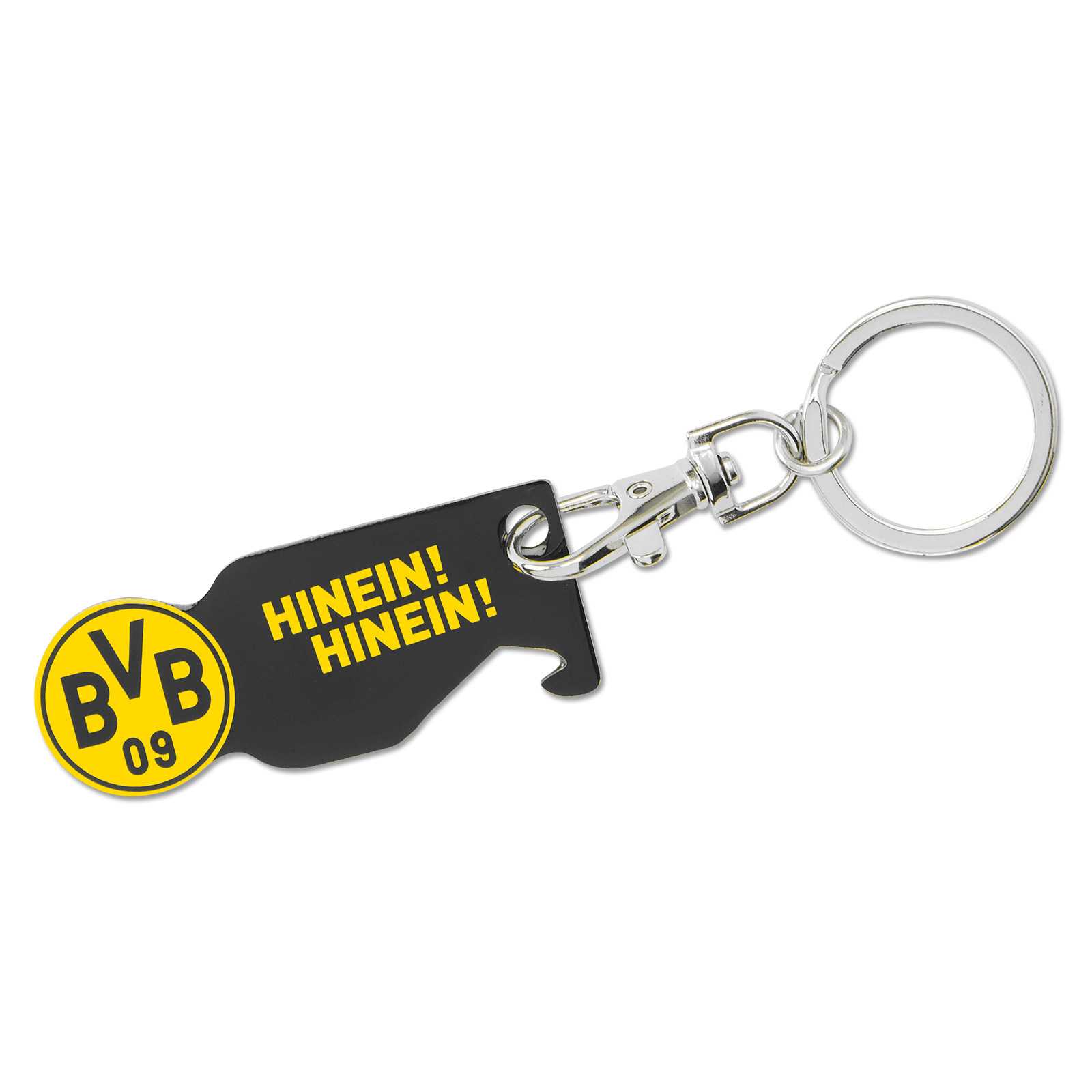 BVB Schlüsselanhänger Duo in schwarzgelb, mit BVB-Emblem und Aufschrift „HINEIN! HINEIN!“ auf der Vorderseite, Detailansicht.