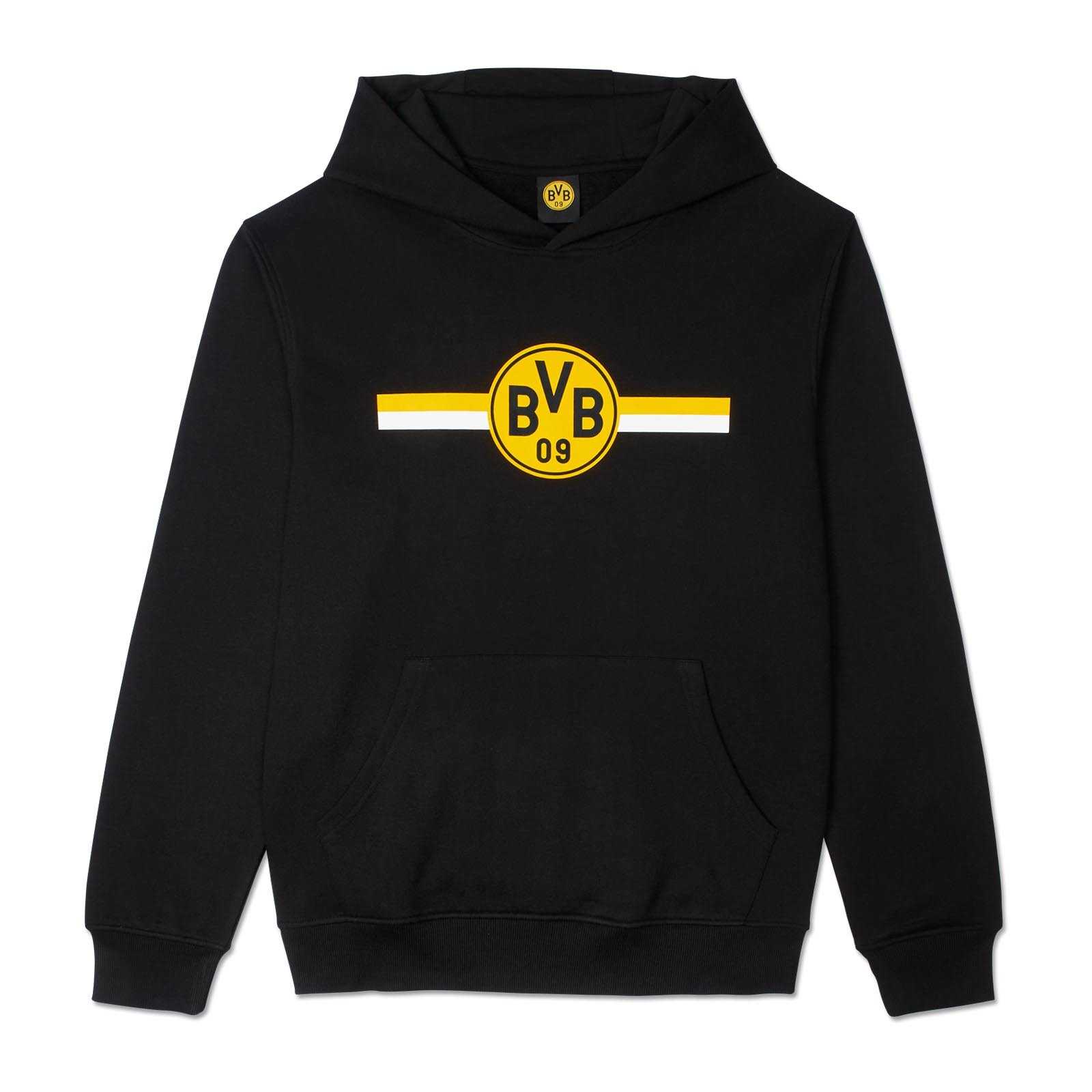 Vorderansicht des schwarzgelben BVB CLUB Hoodie mit großem BVB-Emblem und gelb-weißer Streifenoptik auf der Brust.