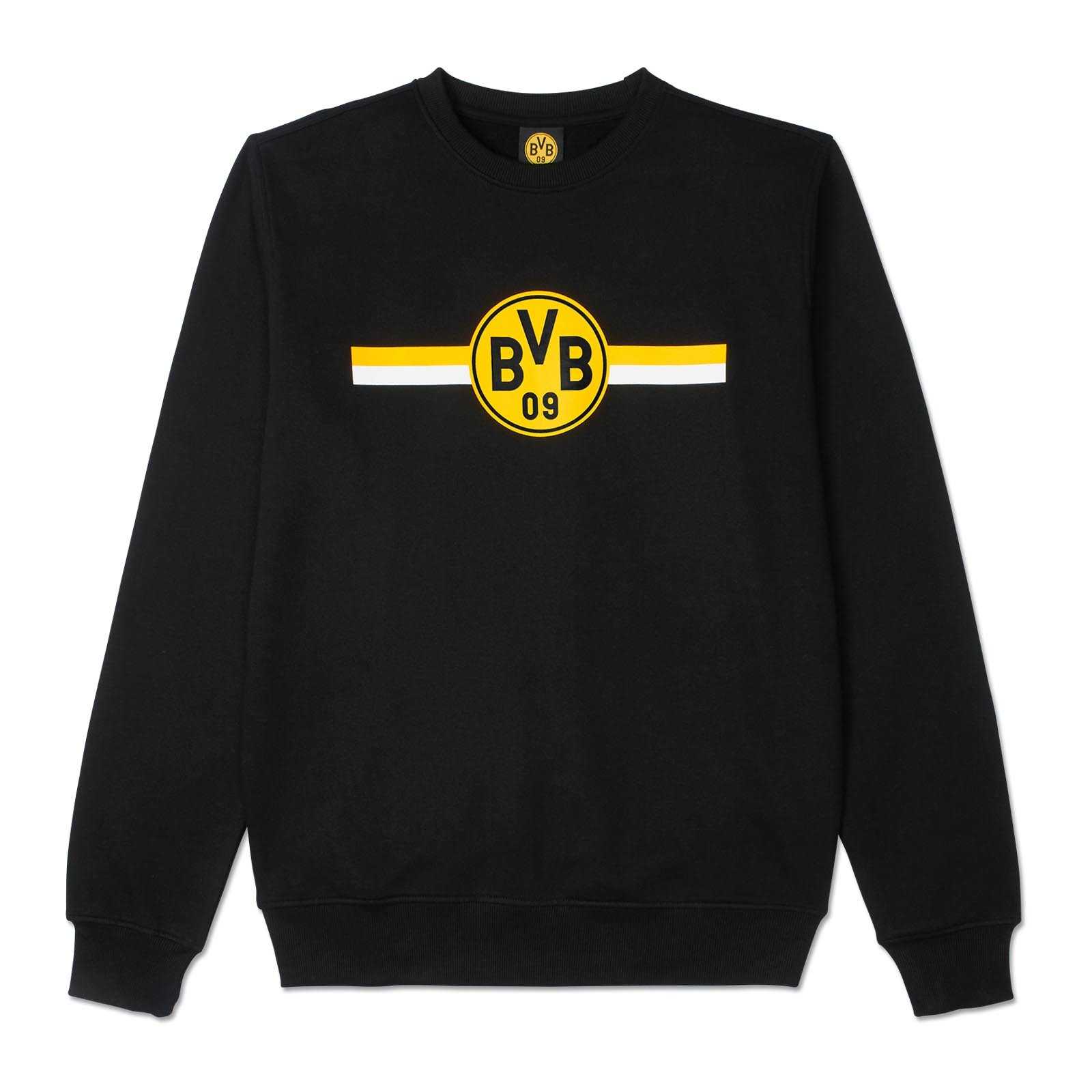 Vorderansicht des BVB CLUB Sweatshirts in schwarzgelb mit BVB-Emblem und gelb-weißen Streifen auf der Brust.