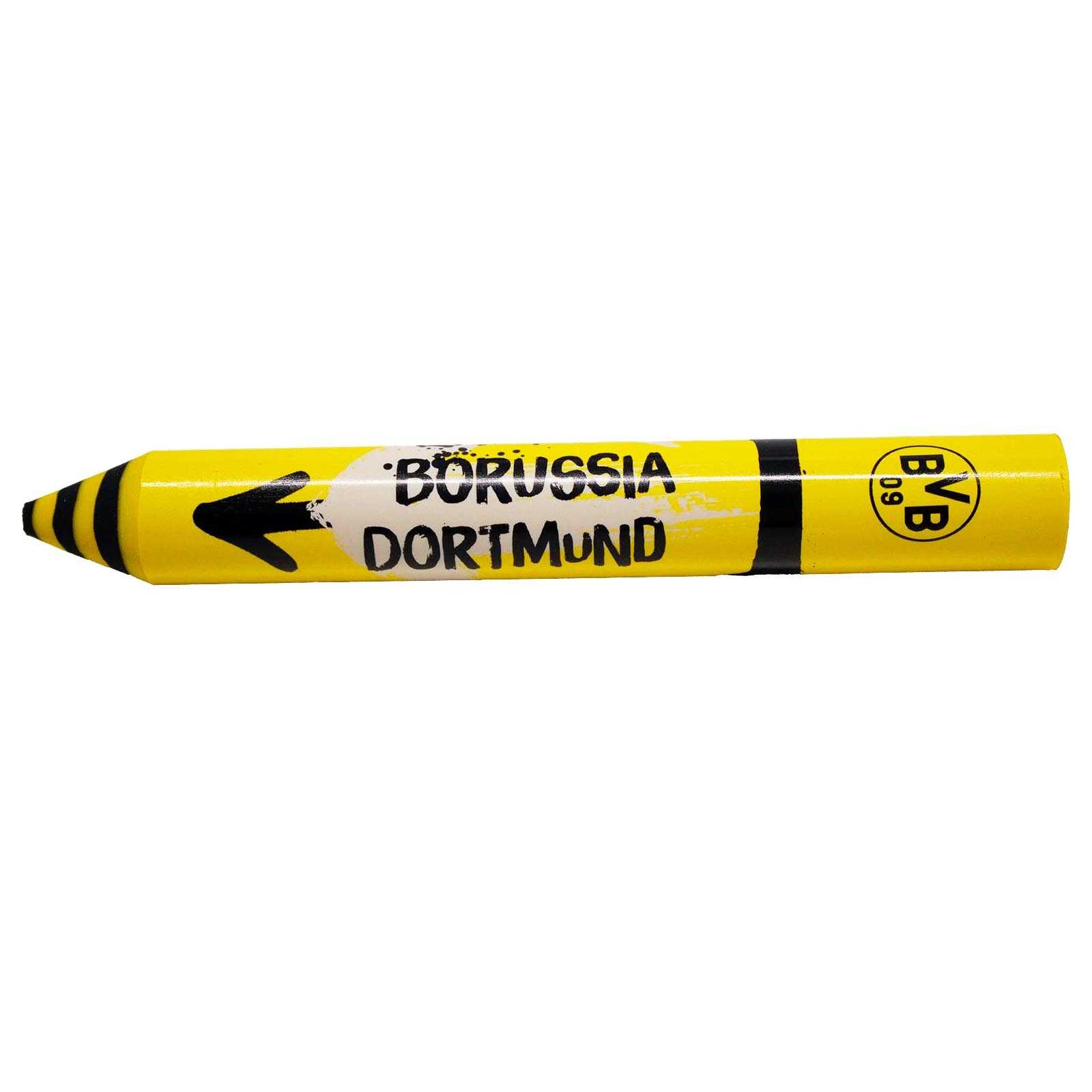BVB-Radiergummi-Stift in schwarzgelbem Design in Seitenansicht, mit BVB-Emblem und dem Aufdruck "Borussia Dortmund" auf dem Radiergummi.