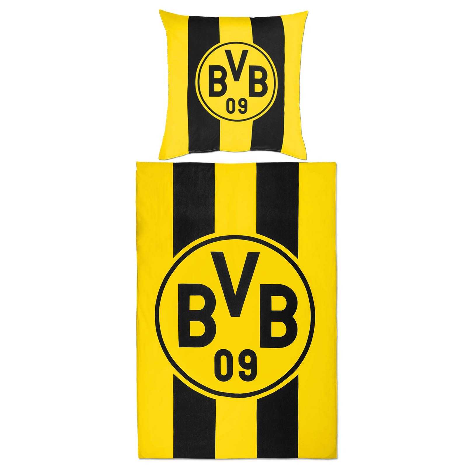 BVB Bettwäsche Blockstreifen 135 x 200 cm in schwarzgelb, Vorderansicht mit breiten Blockstreifen und großem BVB-Emblem auf Decke und Kissen.