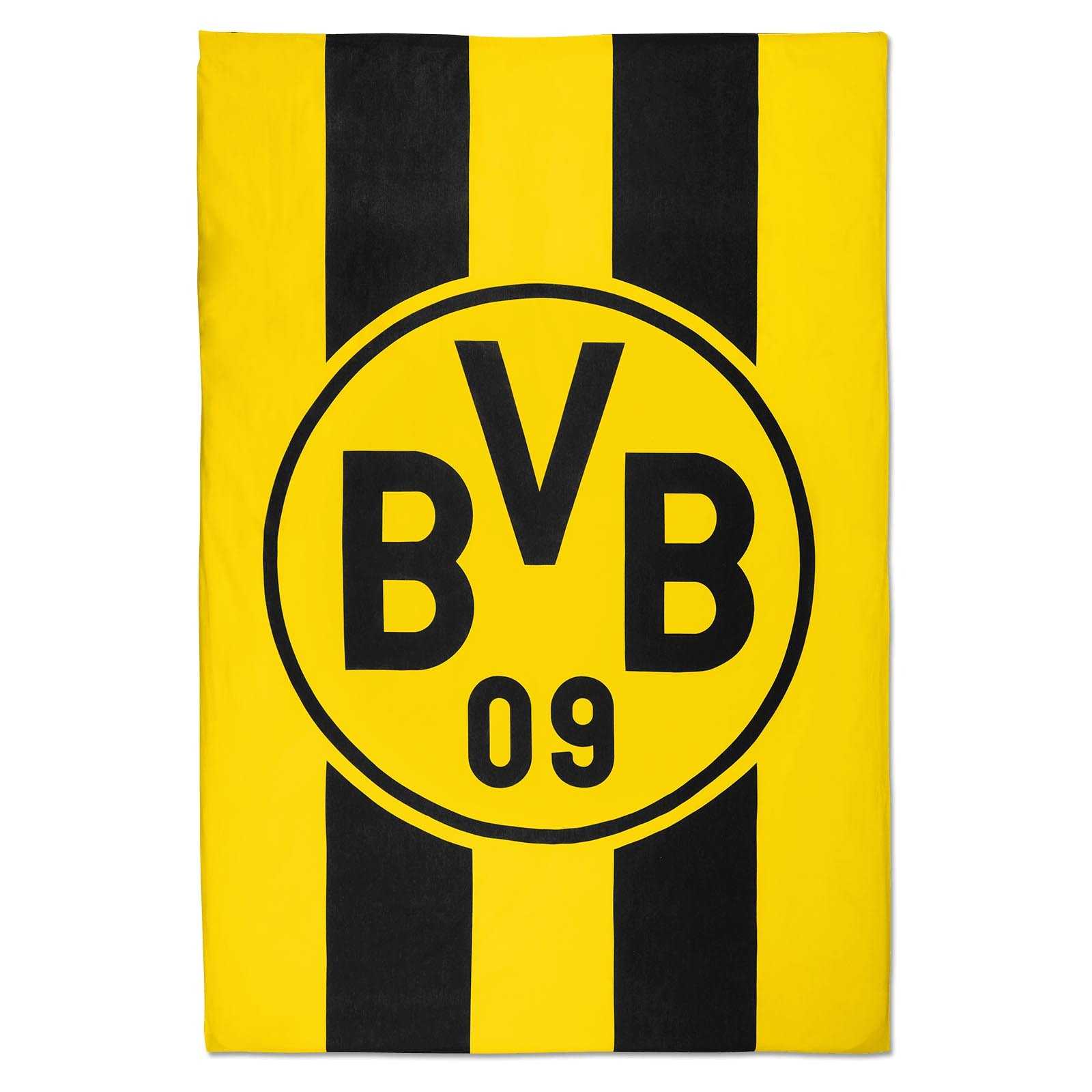 Vorderansicht der BVB Bettwäsche Blockstreifen 135 x 200 cm in schwarzgelb mit breiten Streifen und großem BVB-Emblem zentral auf dem Bezug.