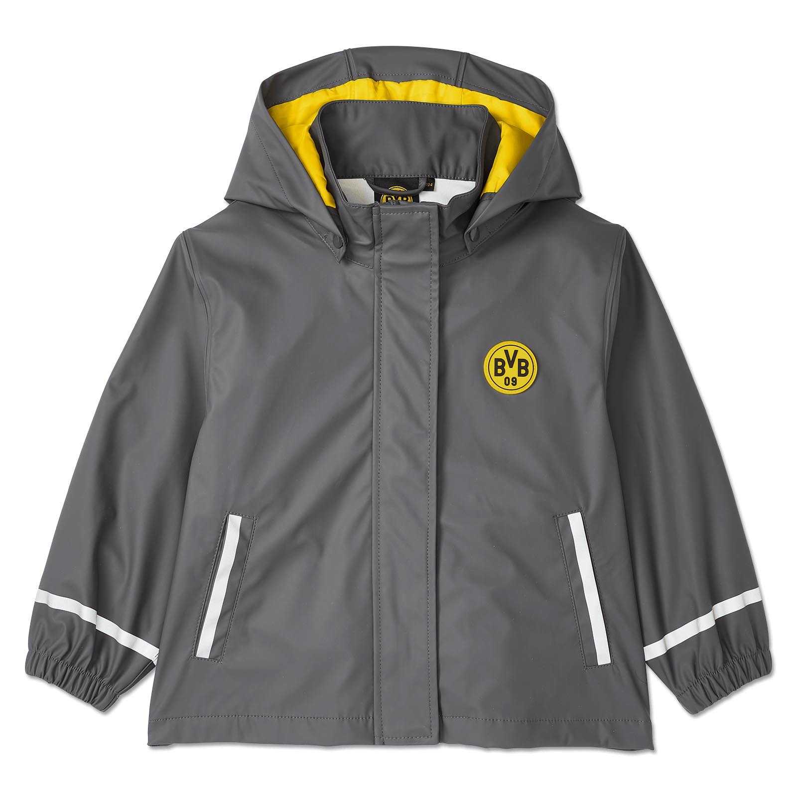 Vorderansicht der BVB Regenjacke für Kleinkinder in Grau mit gelbem Innenfutter, Kapuze und BVB-Emblem auf der Brust.