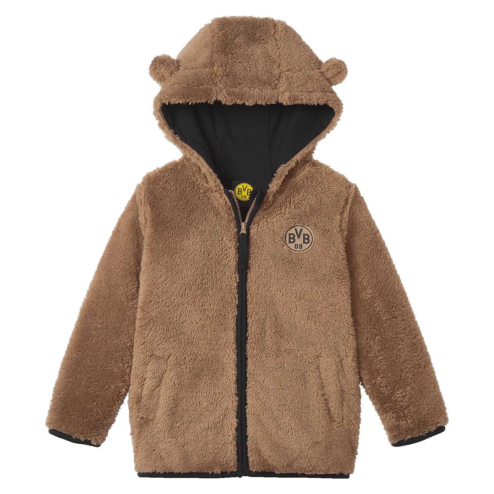 Vorderansicht der BVB Baby Teddyjacke in Braun mit Kapuze und Bärenohren, auf der Brust das BVB-Emblem. Flauschiges Material für Babys.