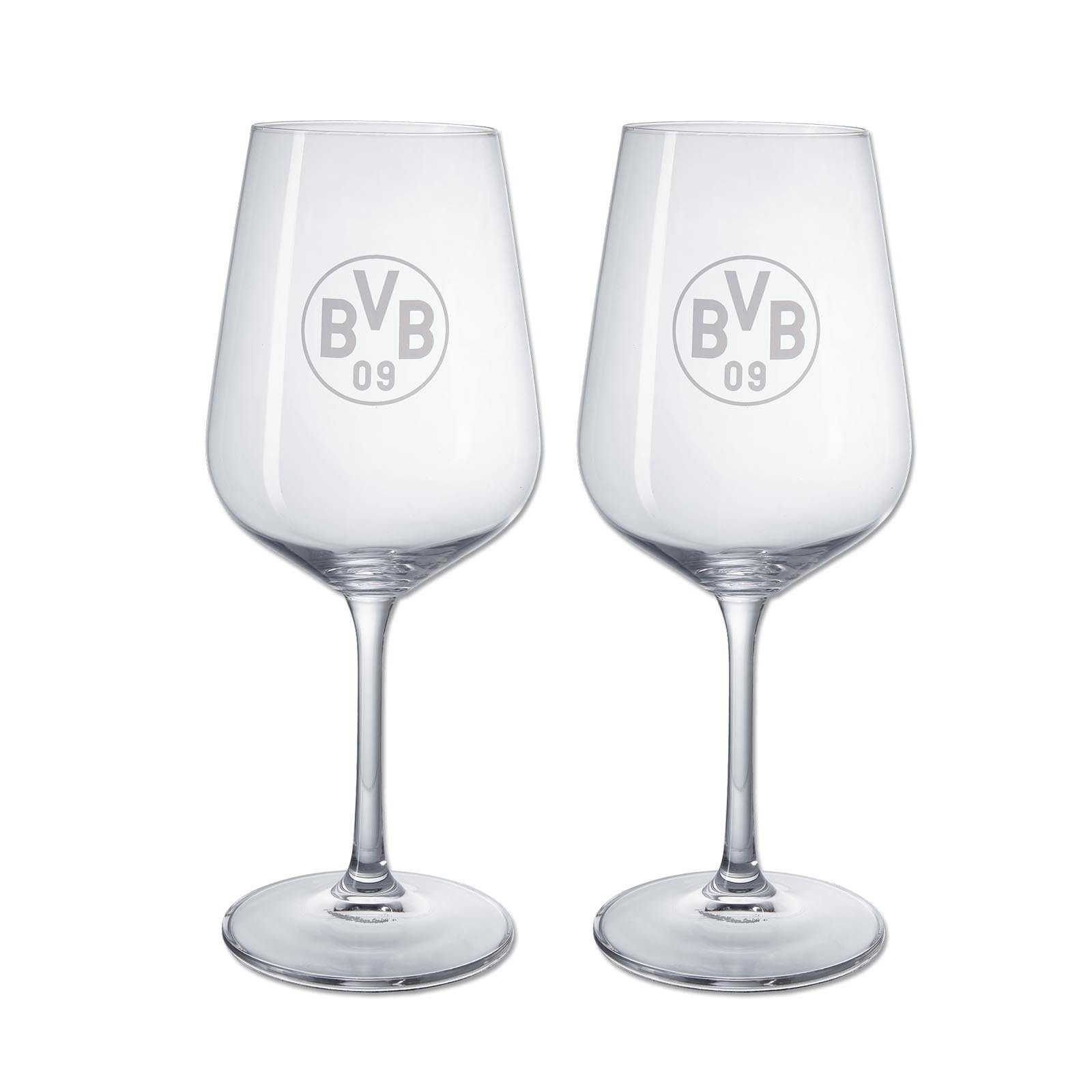 Vorderansicht des BVB Weinglas im 2er-Set, beide Gläser sind transparent und mit dem BVB-Emblem auf der Vorderseite graviert.