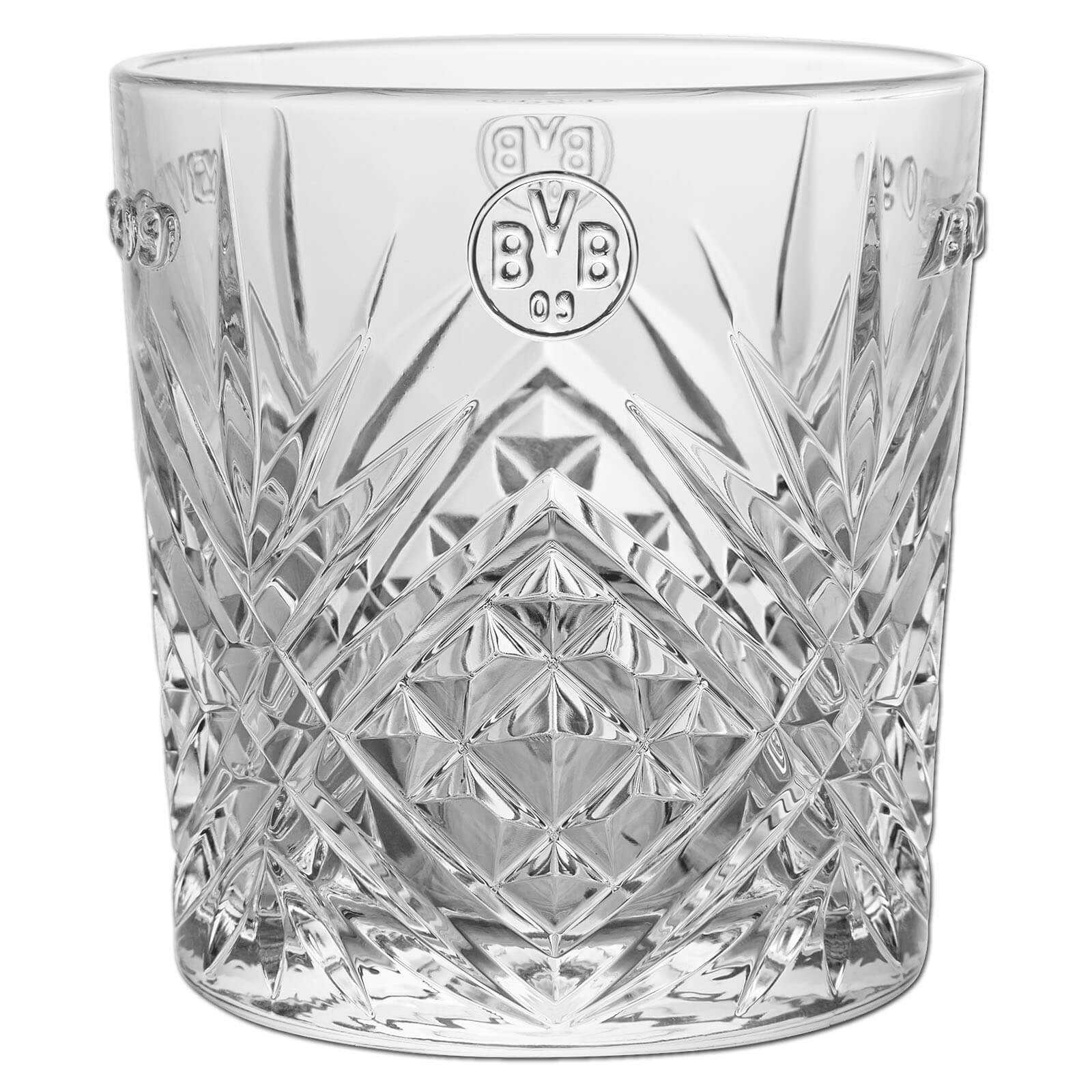 Frontansicht eines Glases aus dem BVB Gläser 2er-Set mit aufwendigem Schliff und geprägtem BVB-Emblem auf der Glasoberfläche.
