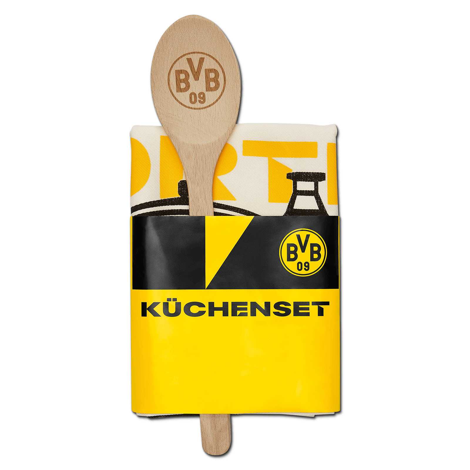 Frontalansicht des BVB Küchensets mit Holzkochlöffel samt BVB 09 Logo und schwarzgelbem Geschirrtuch, verpackt mit BVB-Emblem.
