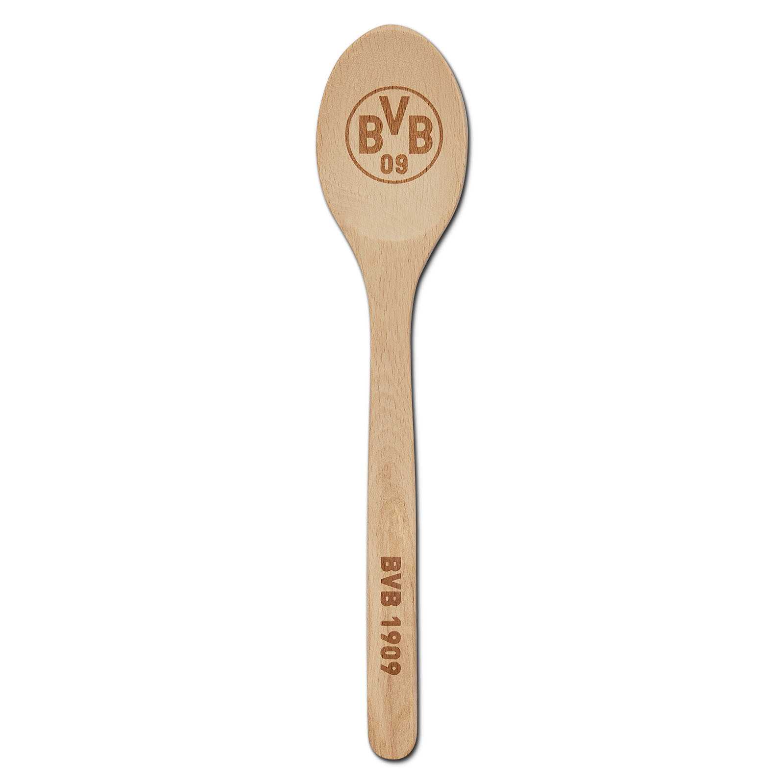 Vorderansicht eines Holzlöffels aus dem BVB Küchenset mit BVB-Emblem auf dem Löffelkopf und "BVB 1909"-Gravur auf dem Stiel.