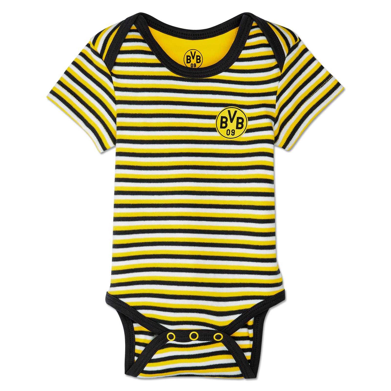 Vorderansicht eines gestreiften Baby-Bodys aus der BVB Baby Geschenkbox 6-tlg. in schwarzgelb mit BVB-Emblem auf der Brust.