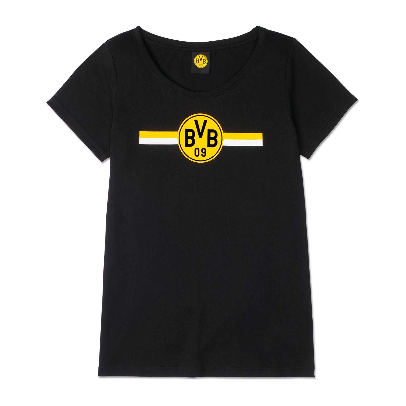 Vorderansicht des schwarzgelben BVB CLUB T-Shirt Damen mit BVB-Emblem auf Brusthöhe und gelb-weißen Streifen-Details.