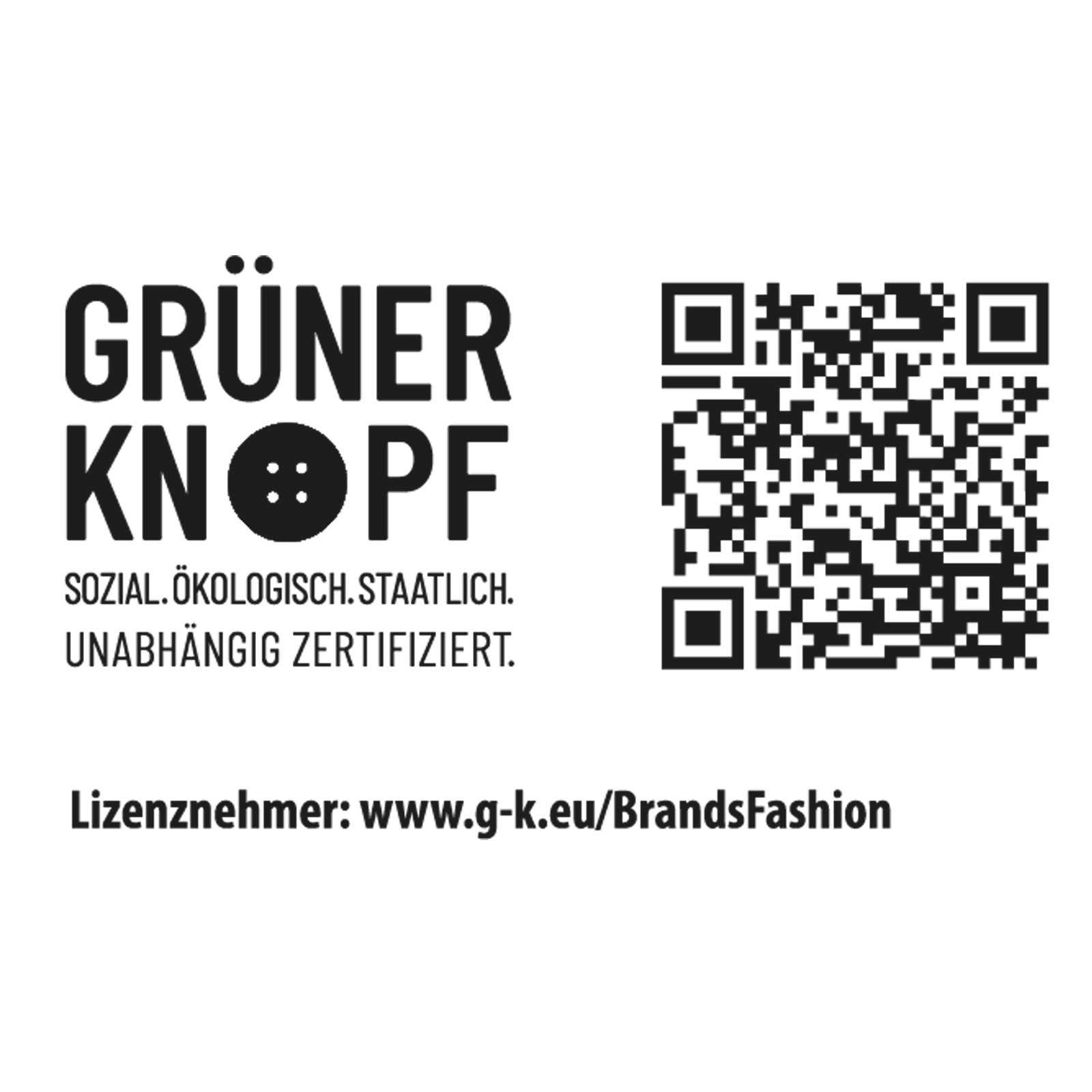 Zertifikat "Grüner Knopf" für BVB CLUB Freizeitshorts Kinder mit Text zur unabhängigen Zertifizierung und QR-Code, Vorderansicht.