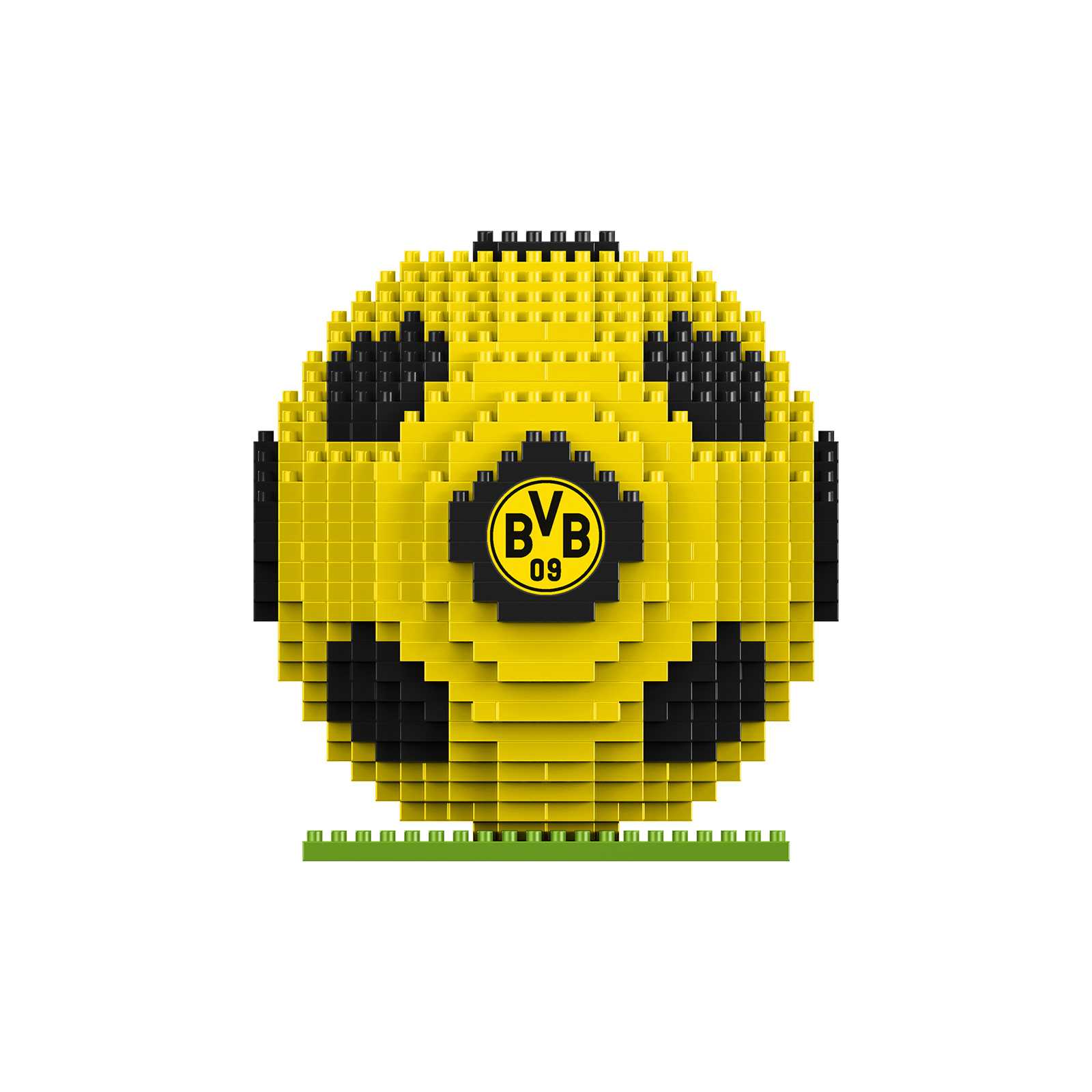 Frontale Ansicht des BVB Fußball Bausatz, gebaut aus schwarzgelben Bausteinen mit mittigem BVB-Emblem gut sichtbar auf der Vorderseite.