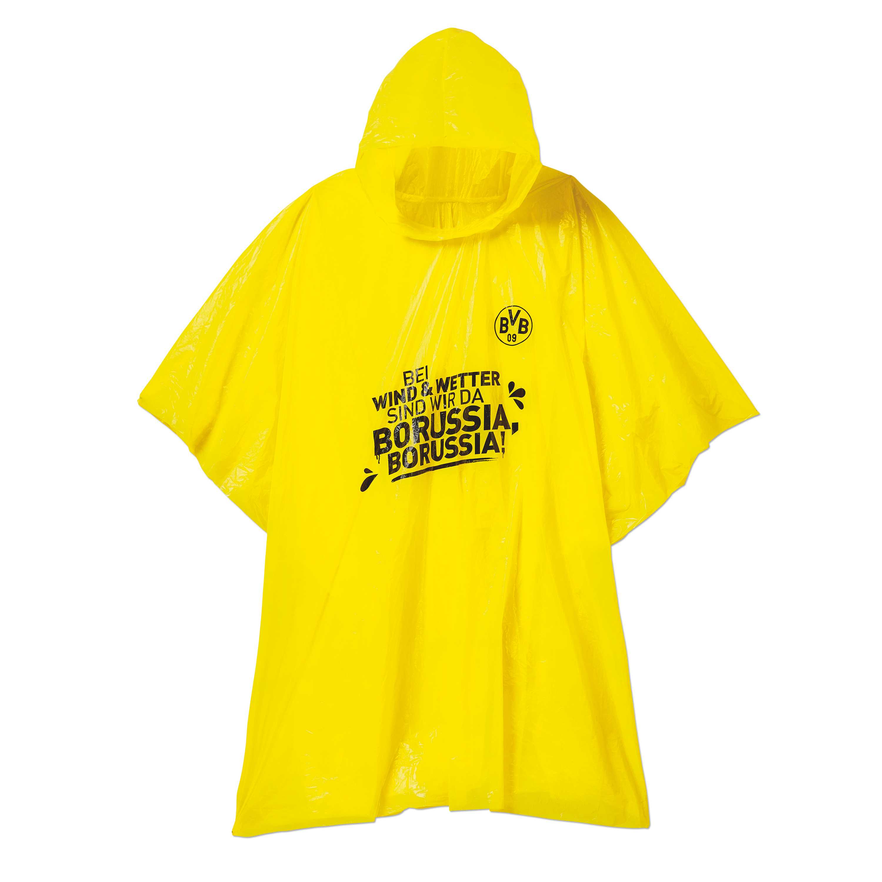 Vorderansicht des gelben BVB Regenponchos mit Kapuze, schwarzem BVB-Emblem und Slogan "Bei Wind & Wetter sind wir da BORUSSIA, BORUSSIA!" auf der Brust.