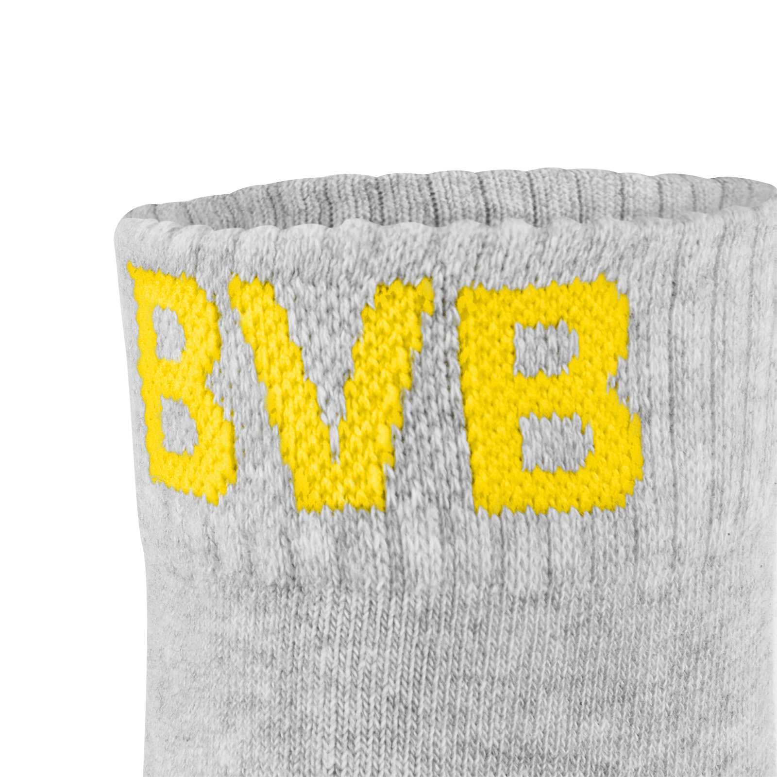 Detailansicht der grauen BVB-Viertel Socken (Puma) im 3er Pack mit großem gelbem BVB-Schriftzug am Bündchen.