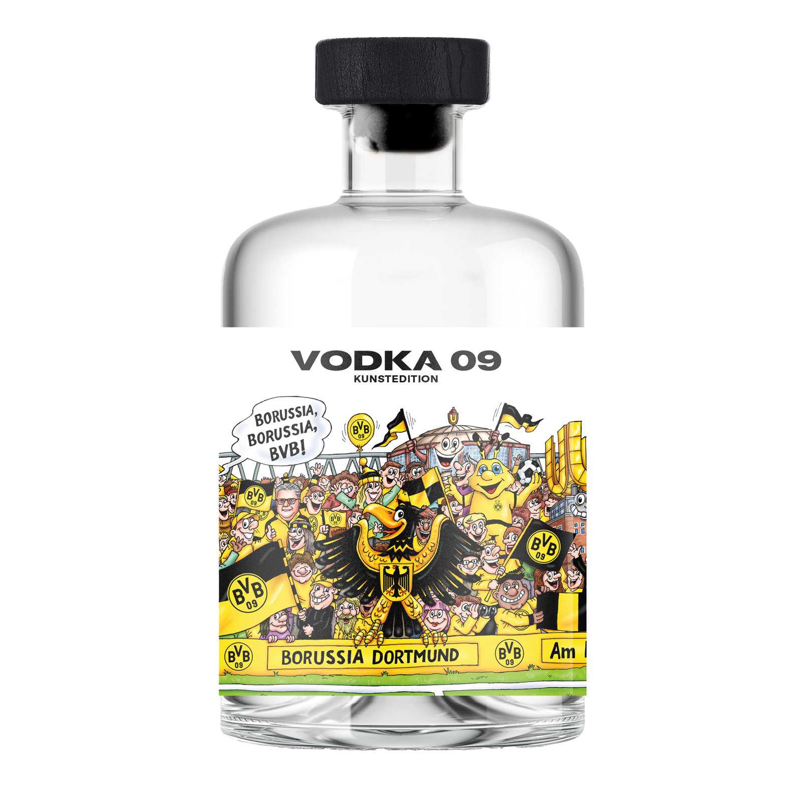 Frontalansicht der BVB Vodka 09 Flasche, Kunstedition mit schwarzgelbem Etikett, BVB-Emblem und einer Illustration von BVB-Fans und EMMA.